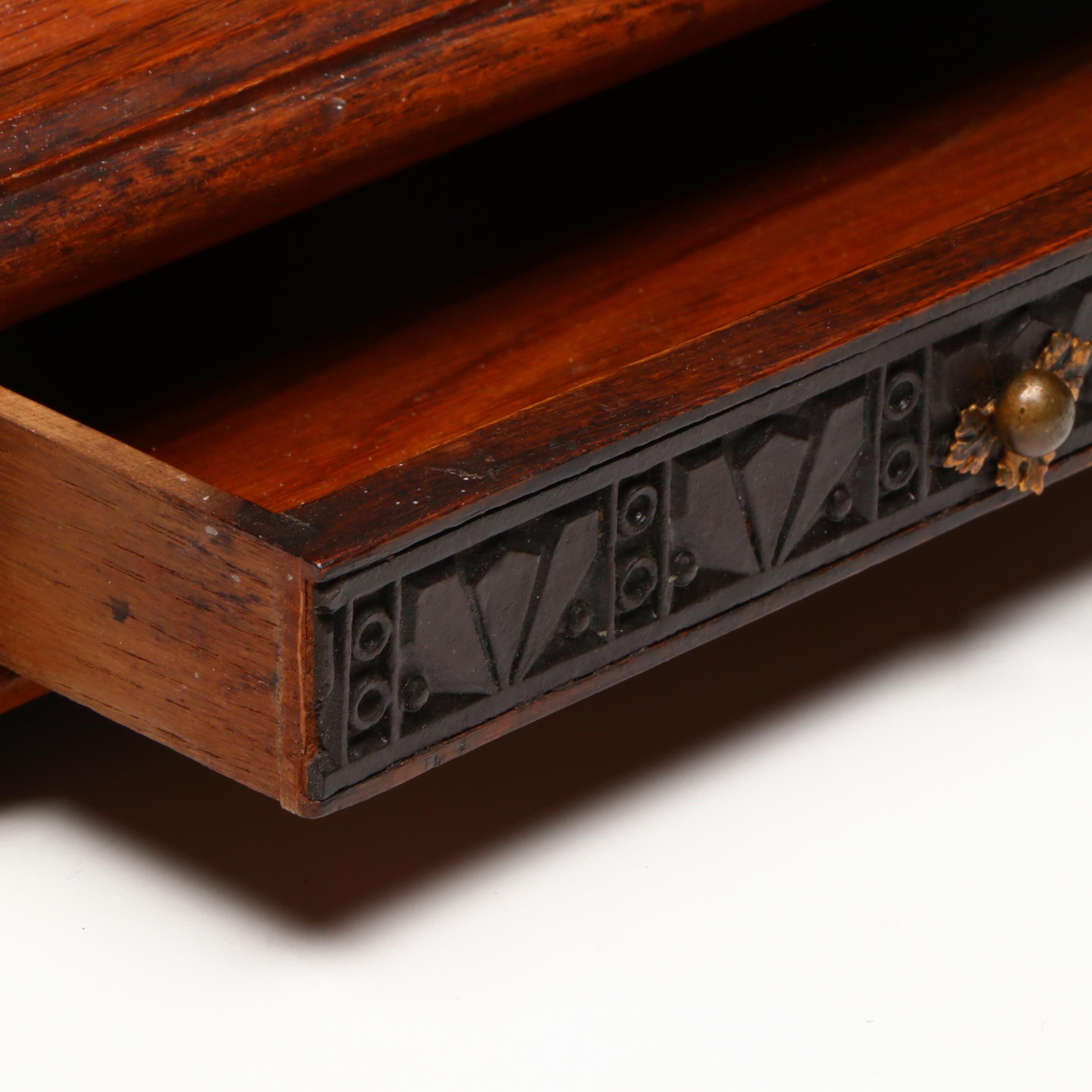 Edwardian Oak Inkstand with Cut Glass and Brass Inkwells