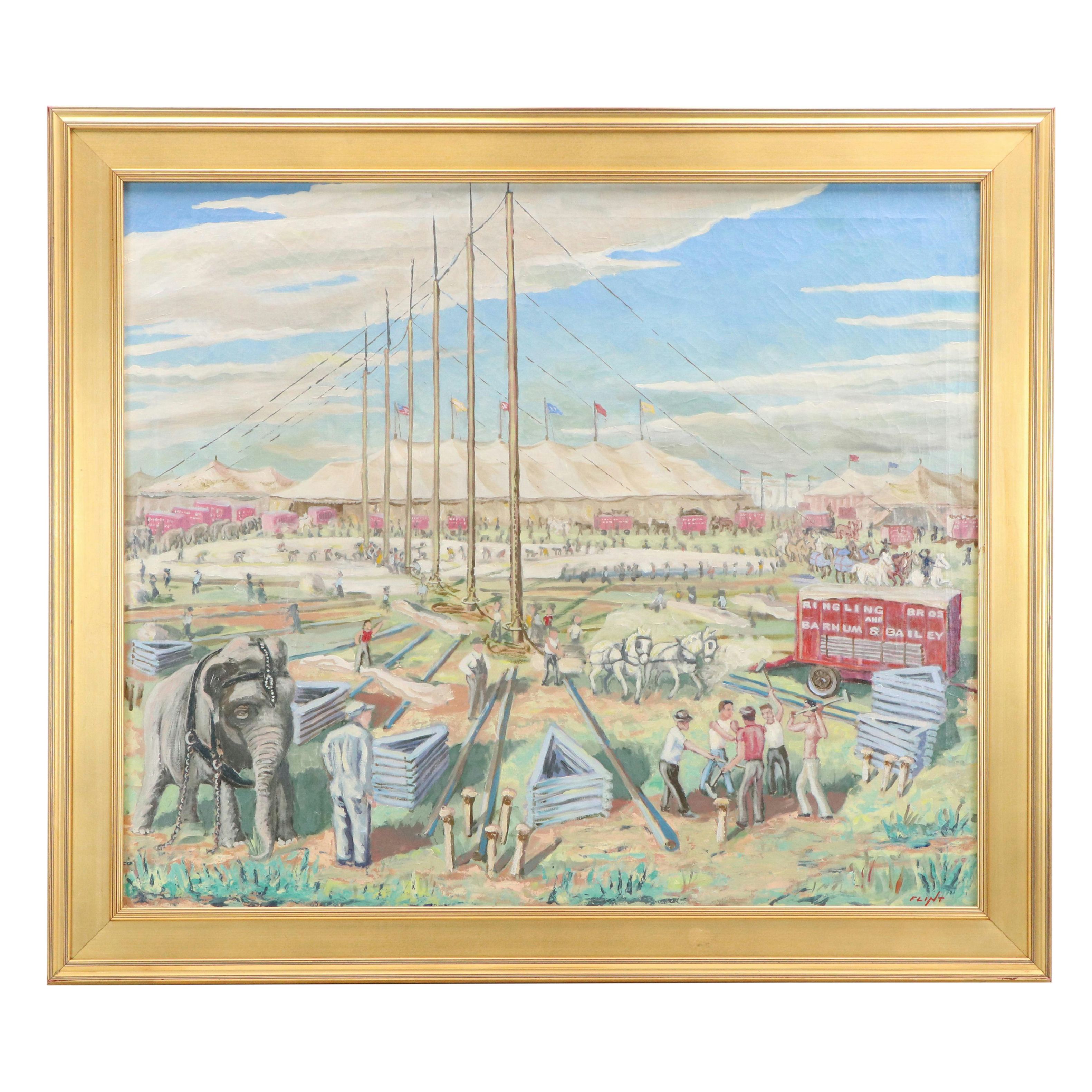 Flint Oil Painting of Ringling Bros and Barnum & Bailey Circus, Early 20th C.