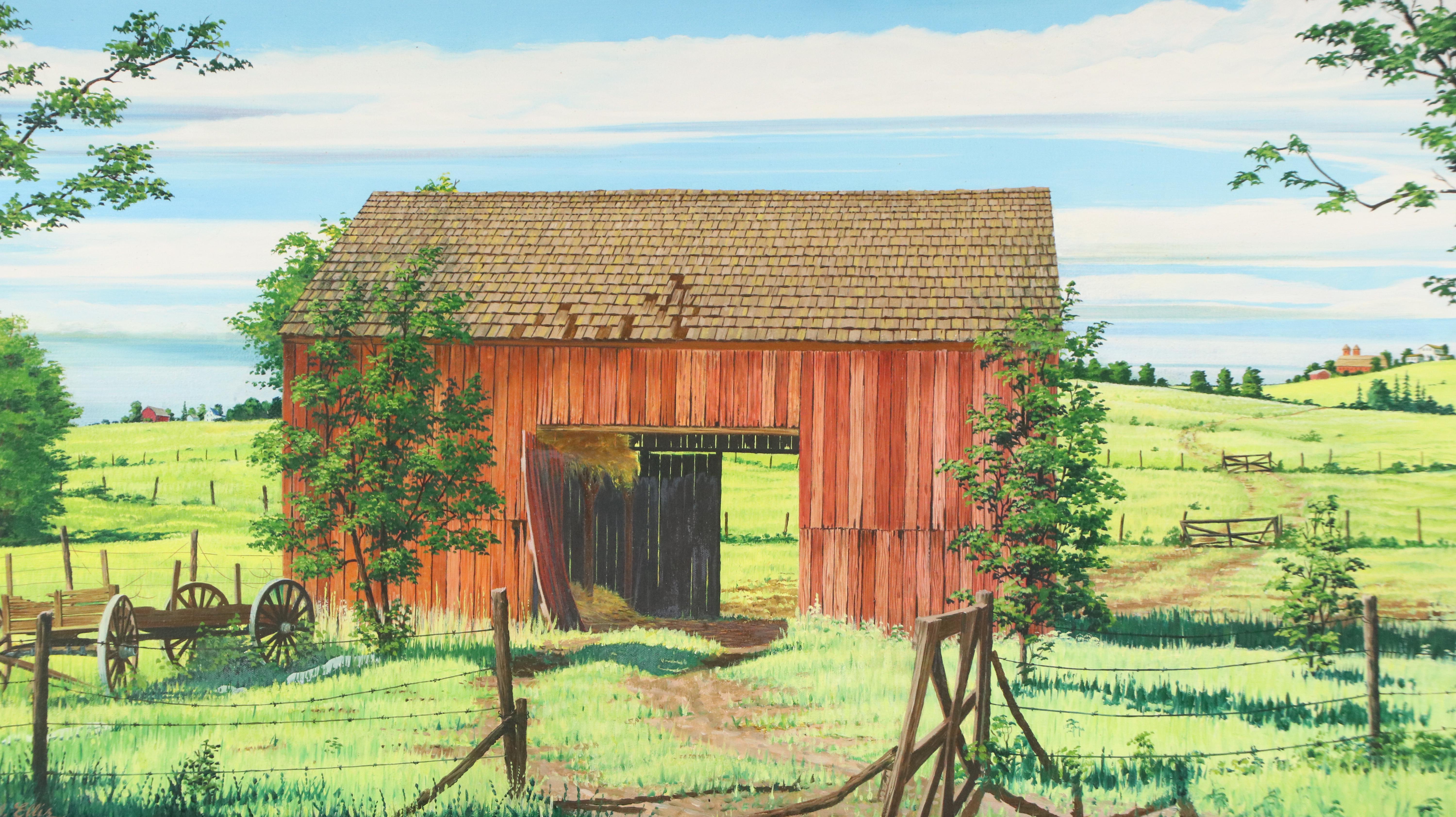 Charles M. Ellis Rural Landscape Acrylic Painting with Barn, Late 20th Century