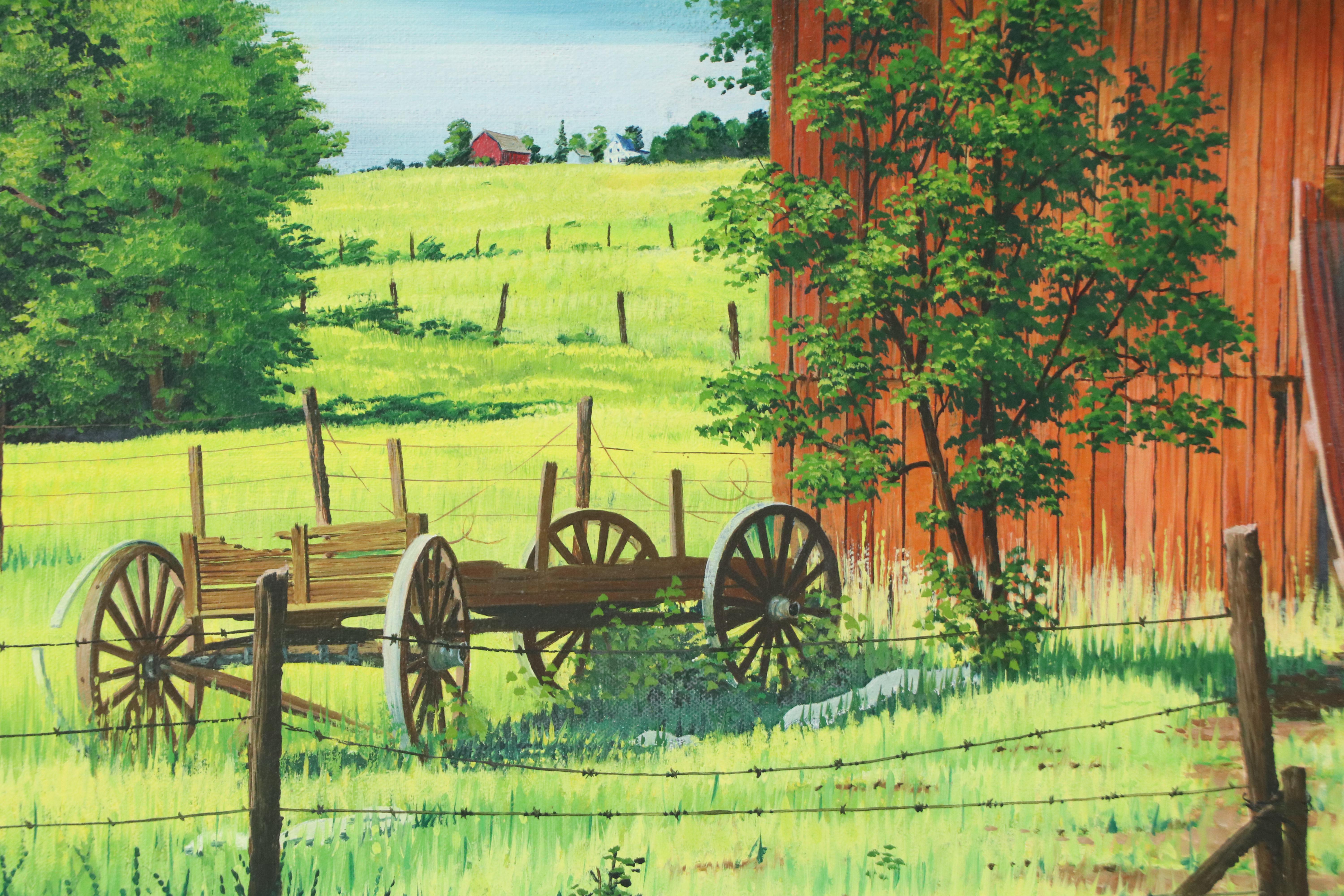 Charles M. Ellis Rural Landscape Acrylic Painting with Barn, Late 20th Century