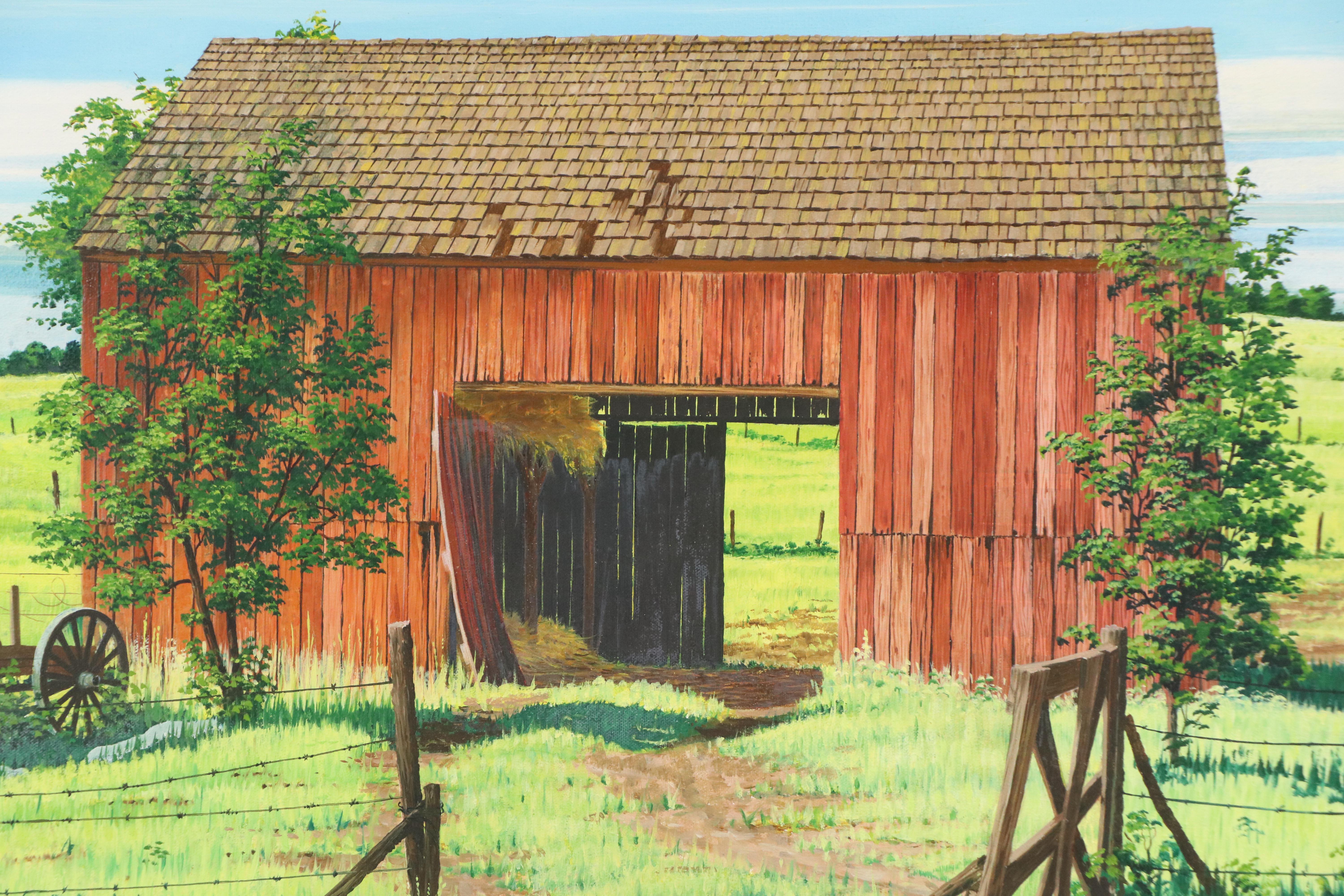 Charles M. Ellis Rural Landscape Acrylic Painting with Barn, Late 20th Century