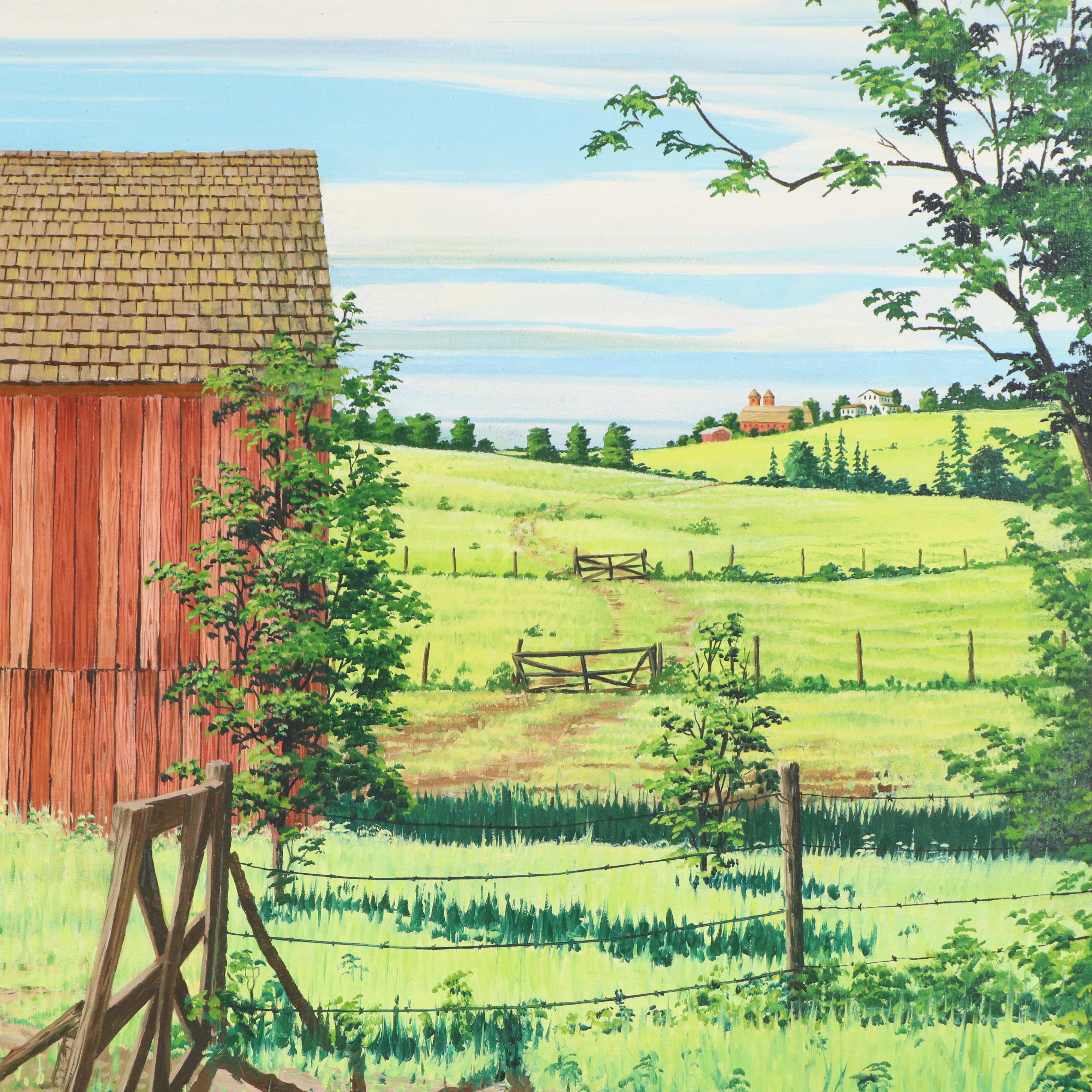 Charles M. Ellis Rural Landscape Acrylic Painting with Barn, Late 20th Century