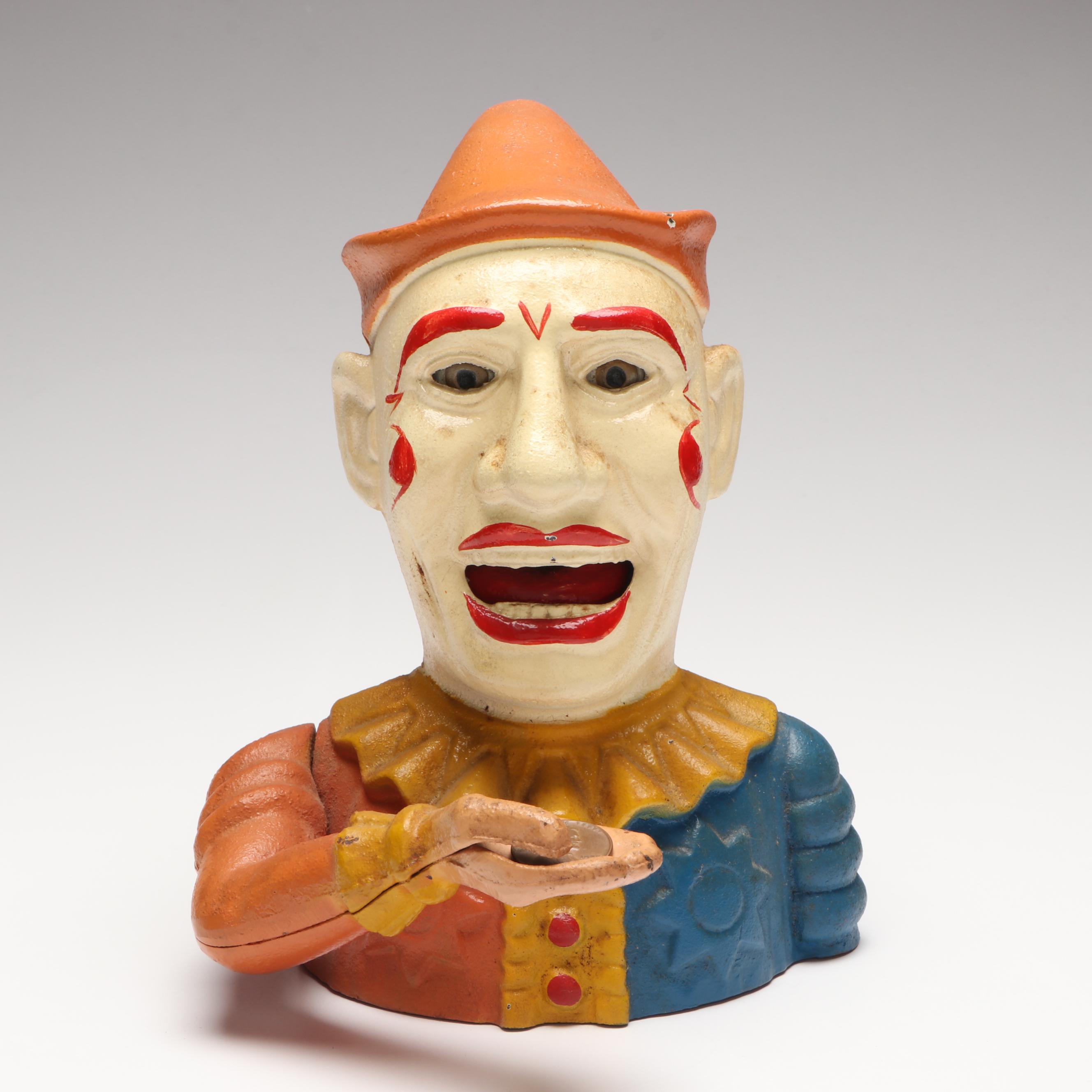 Polychrome "Humpty Dumpty Clown" Cast Iron Reproduction Mechanical Bank