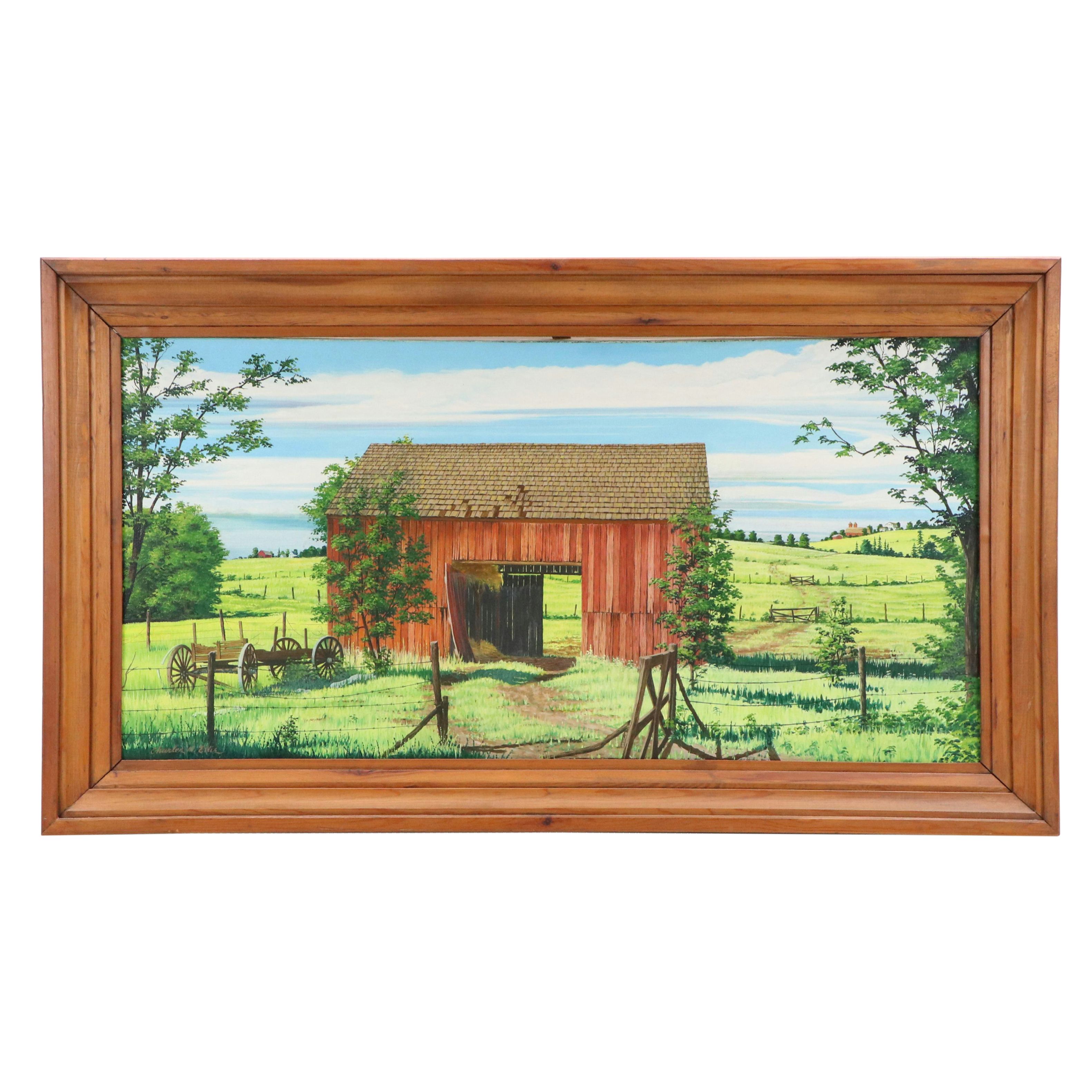 Charles M. Ellis Rural Landscape Acrylic Painting with Barn, Late 20th Century