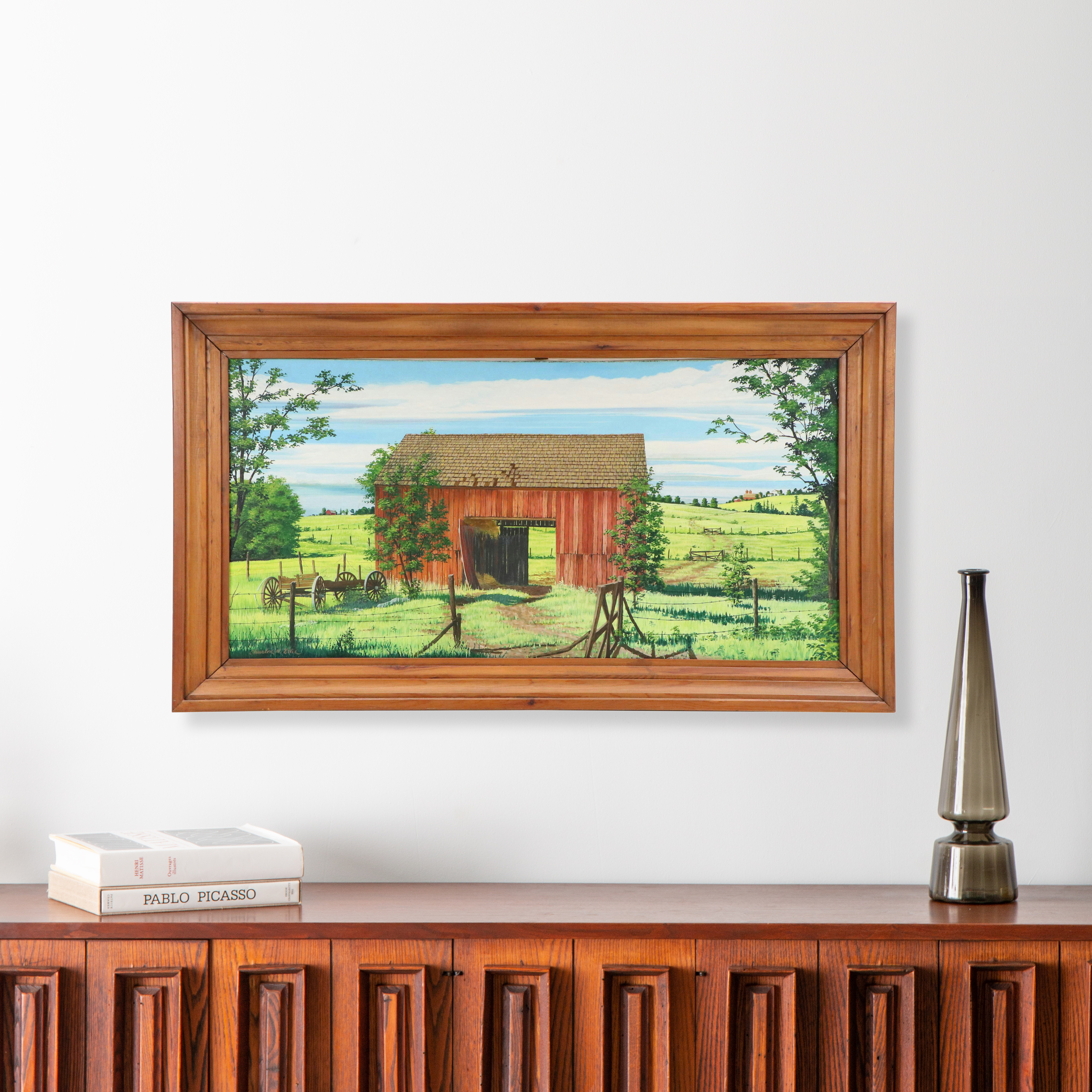 Charles M. Ellis Rural Landscape Acrylic Painting with Barn, Late 20th Century