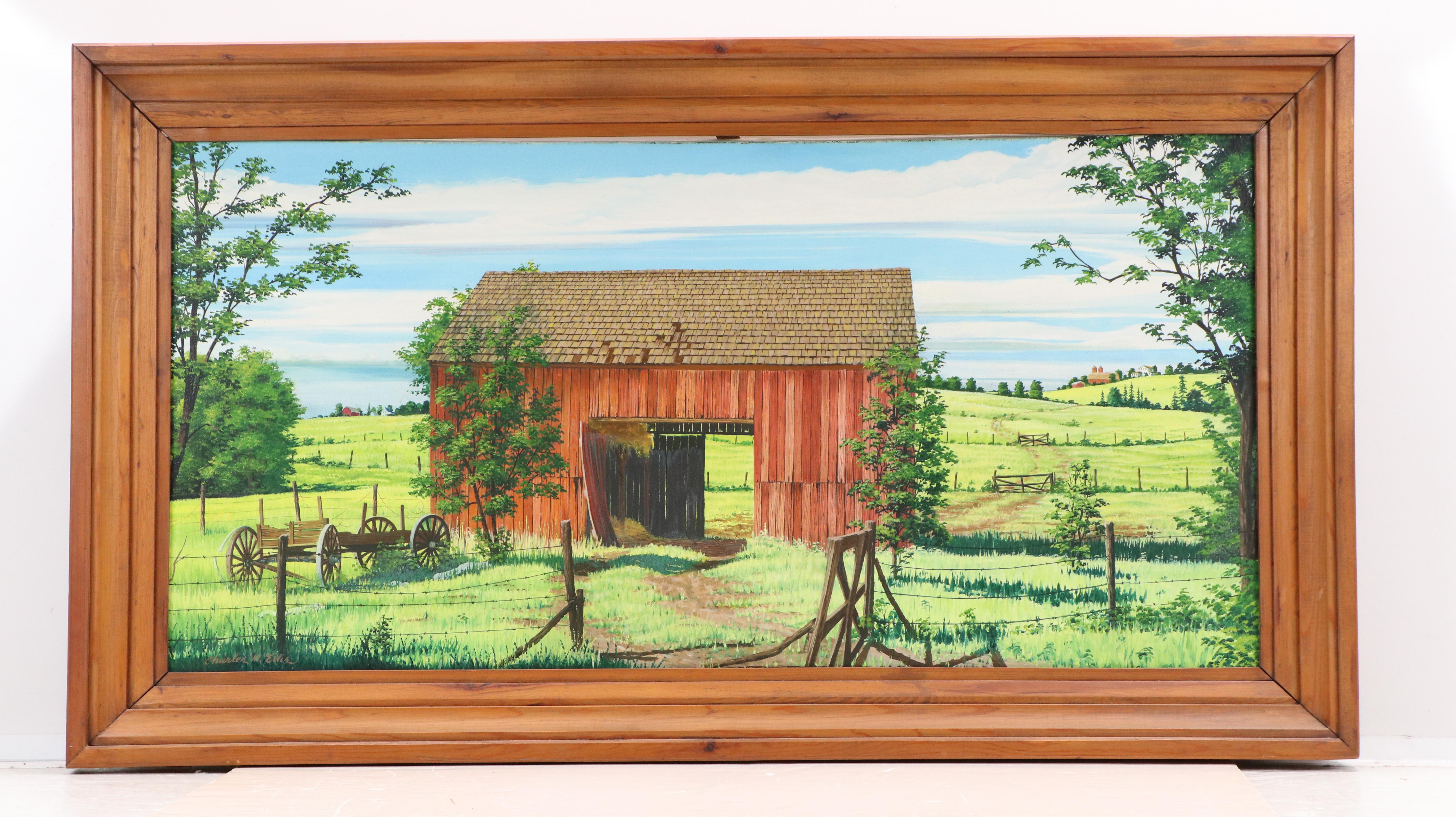 Charles M. Ellis Rural Landscape Acrylic Painting with Barn, Late 20th Century