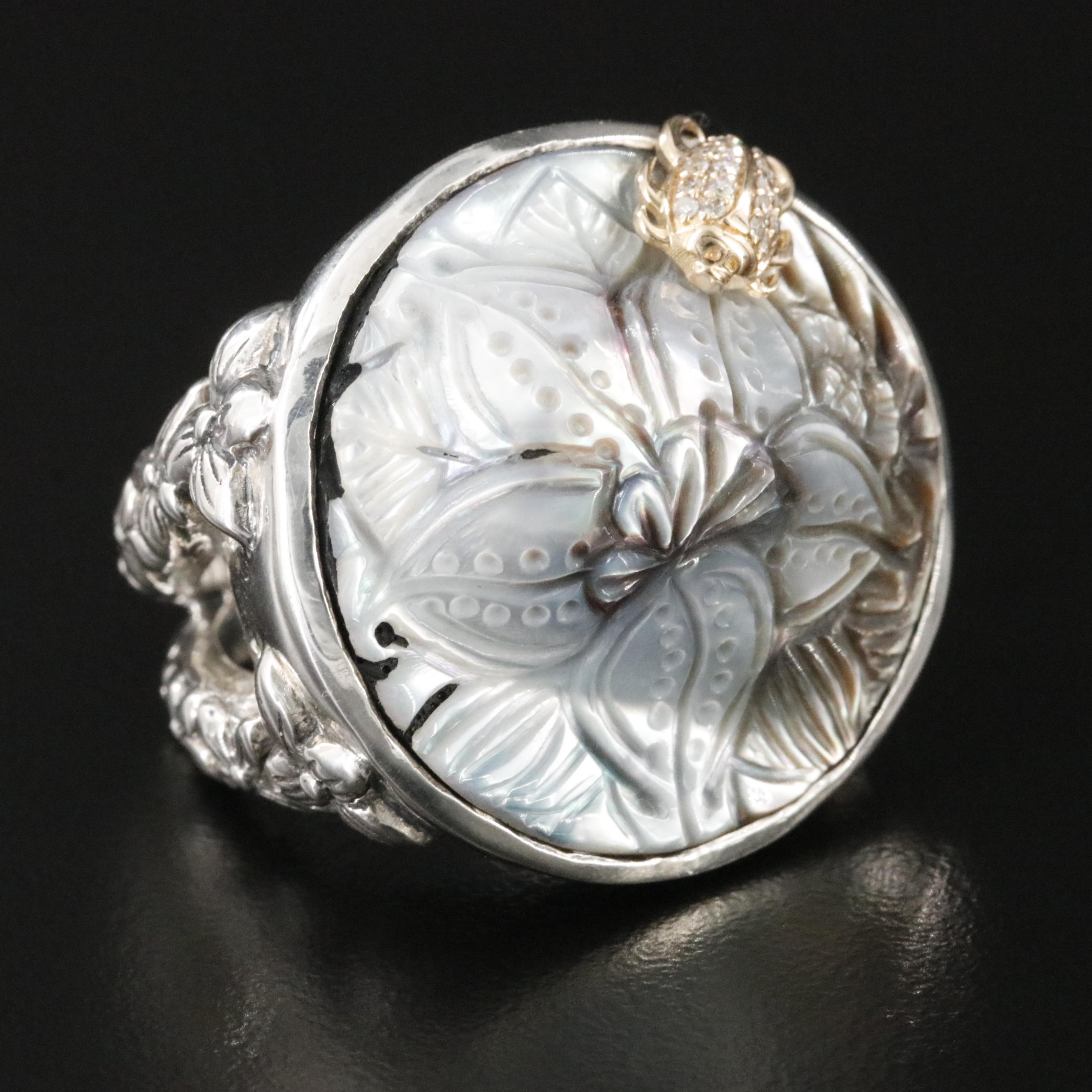 Stephen Dweck Sterling Carved Mother-of-Pearl and Diamond Ring with 18K Accent
