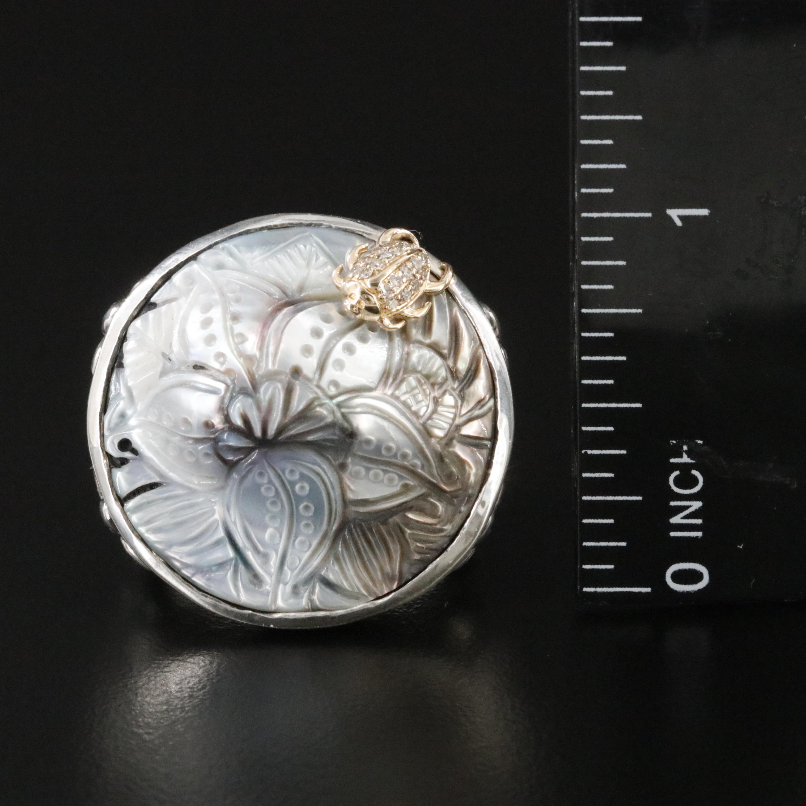 Stephen Dweck Sterling Carved Mother-of-Pearl and Diamond Ring with 18K Accent