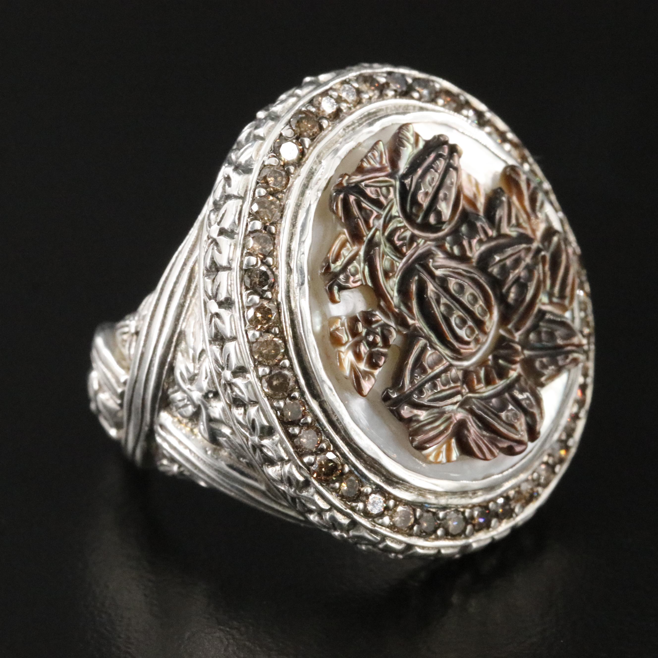 Stephen Dweck Sterling Mother-of-Pearl and Fancy Brown Diamond Cameo Ring