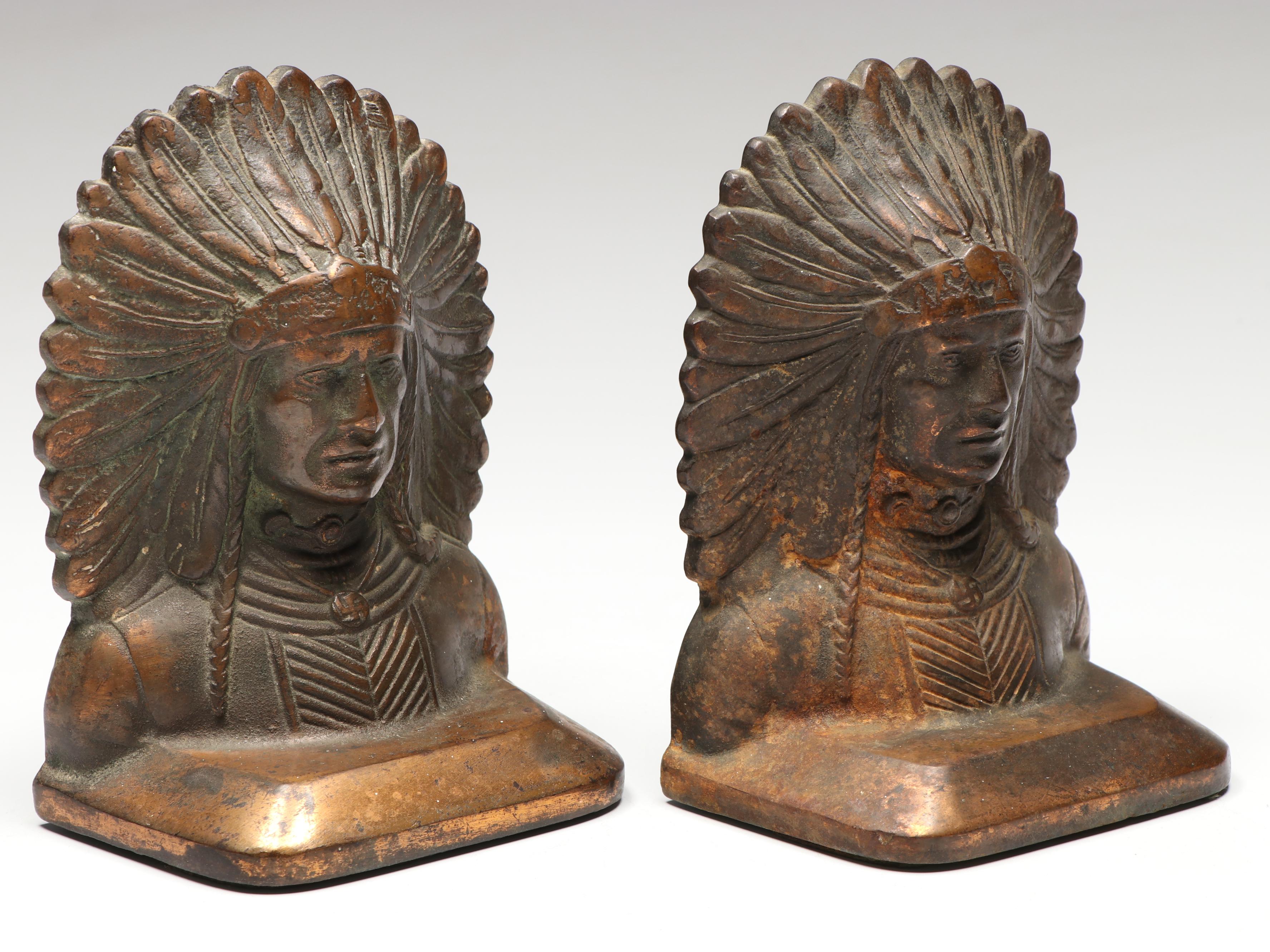 Pair of Bronze-Clad "Native American War Chief" Bookends, Early to Mid-20th C.