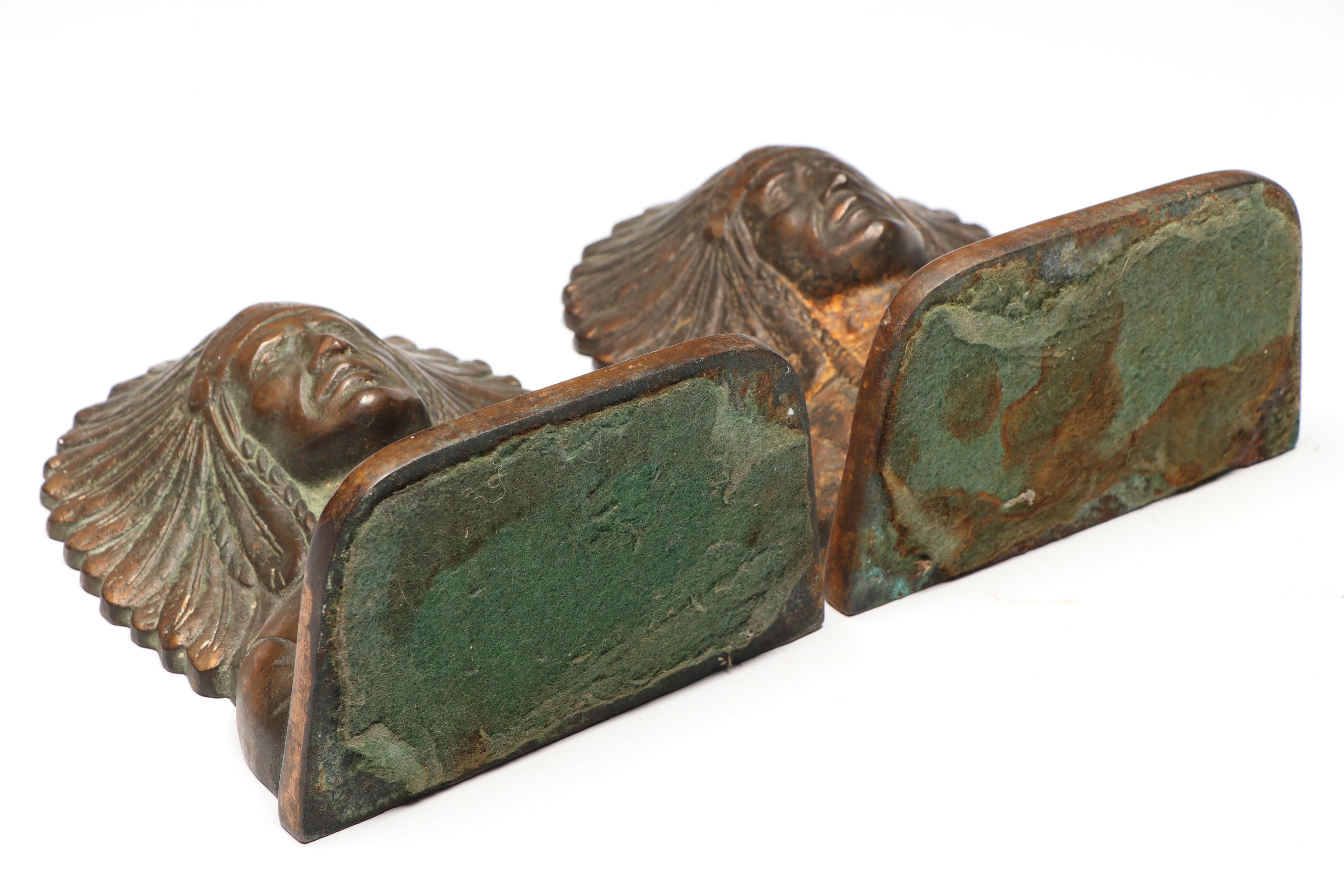 Pair of Bronze-Clad "Native American War Chief" Bookends, Early to Mid-20th C.