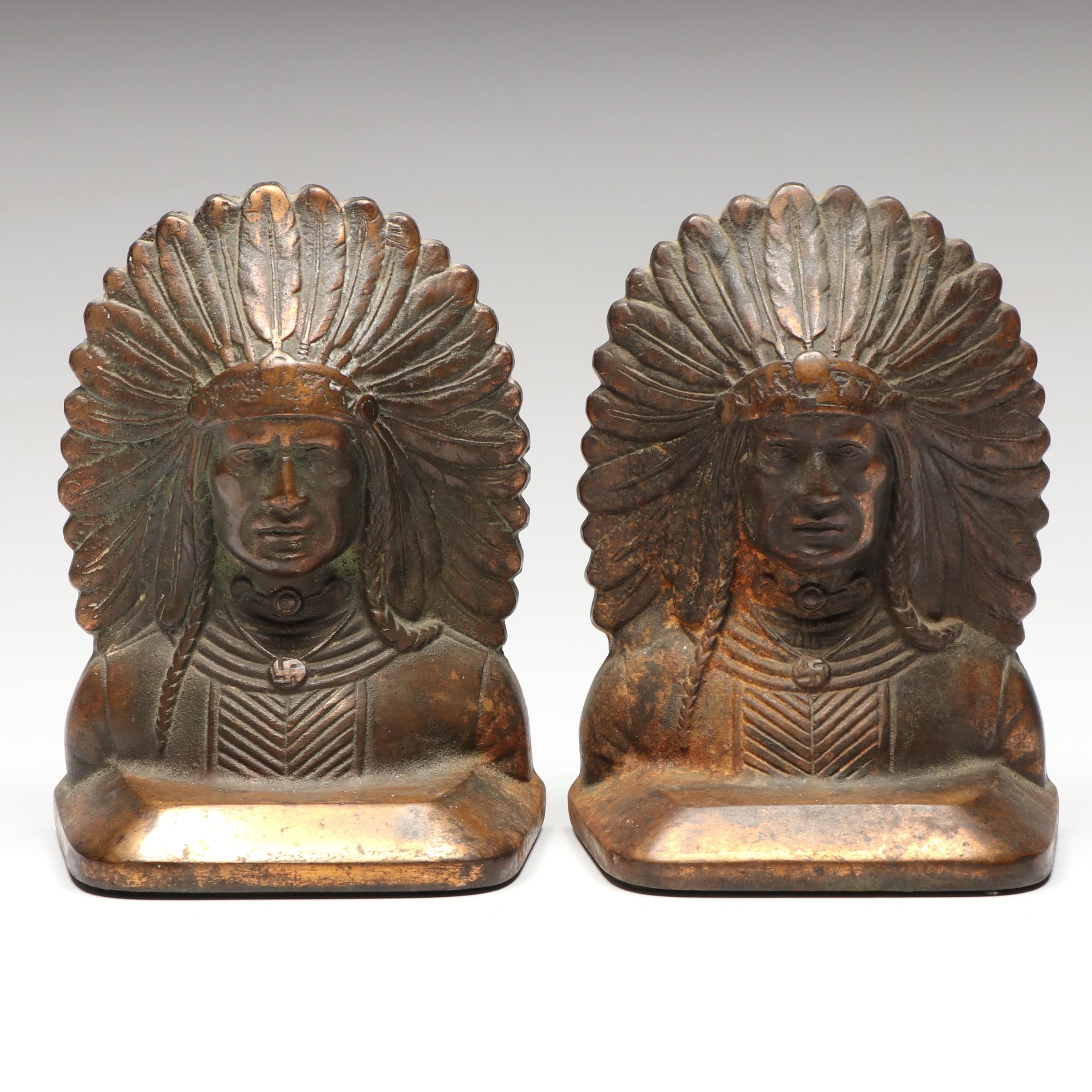Pair of Bronze-Clad "Native American War Chief" Bookends, Early to Mid-20th C.
