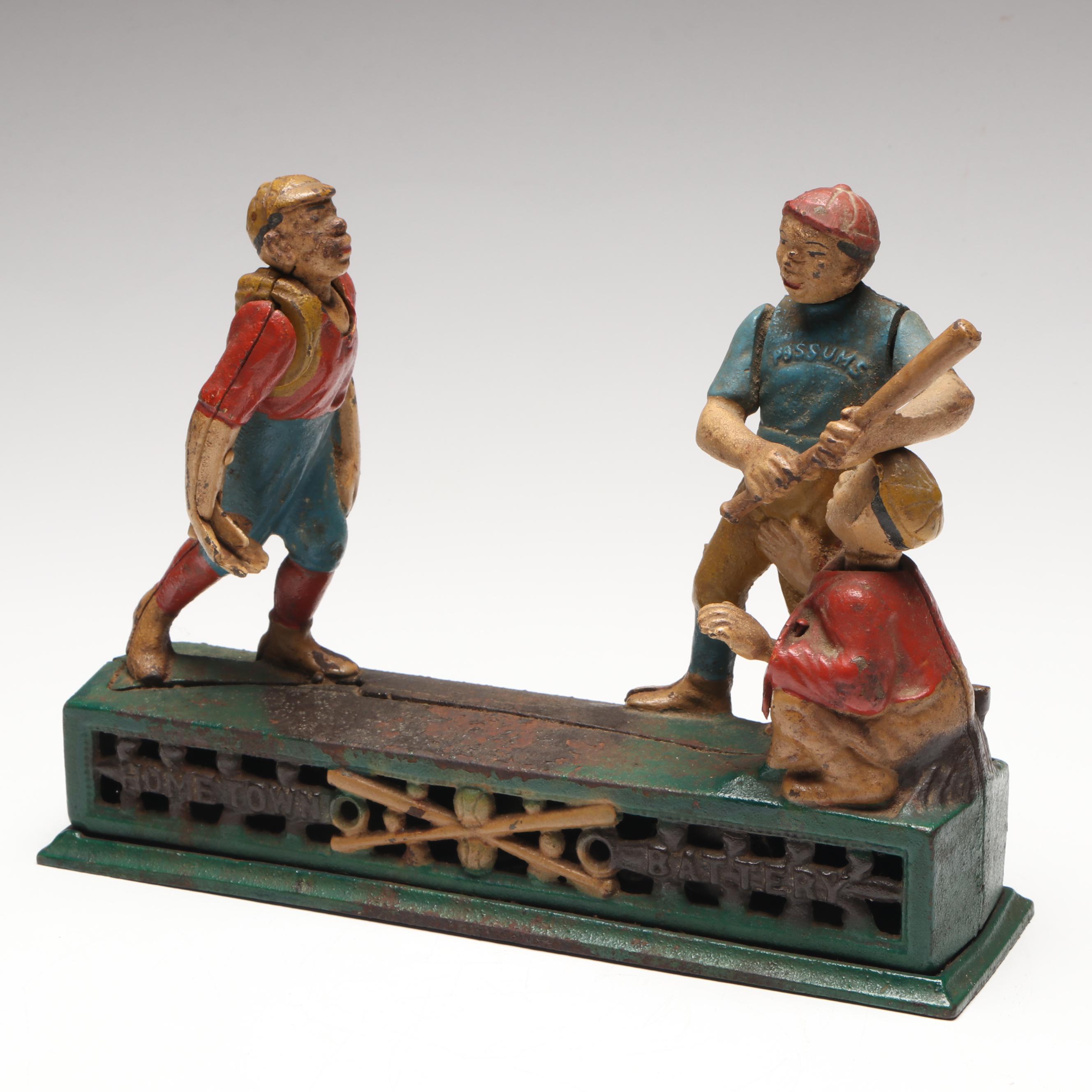 Reproduction "Hometown Battery" Cast Iron Baseball Mechanical Bank
