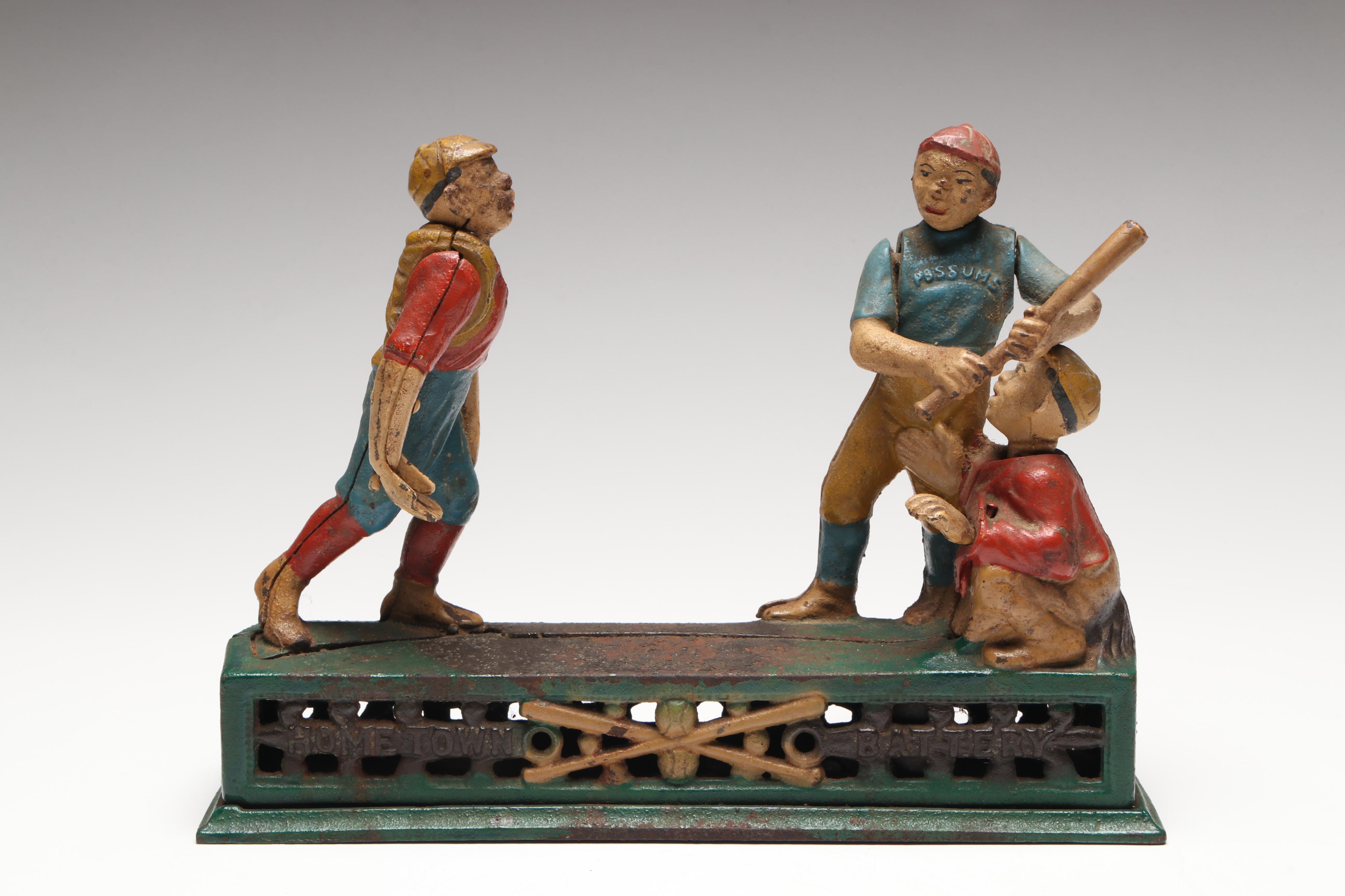 Reproduction "Hometown Battery" Cast Iron Baseball Mechanical Bank
