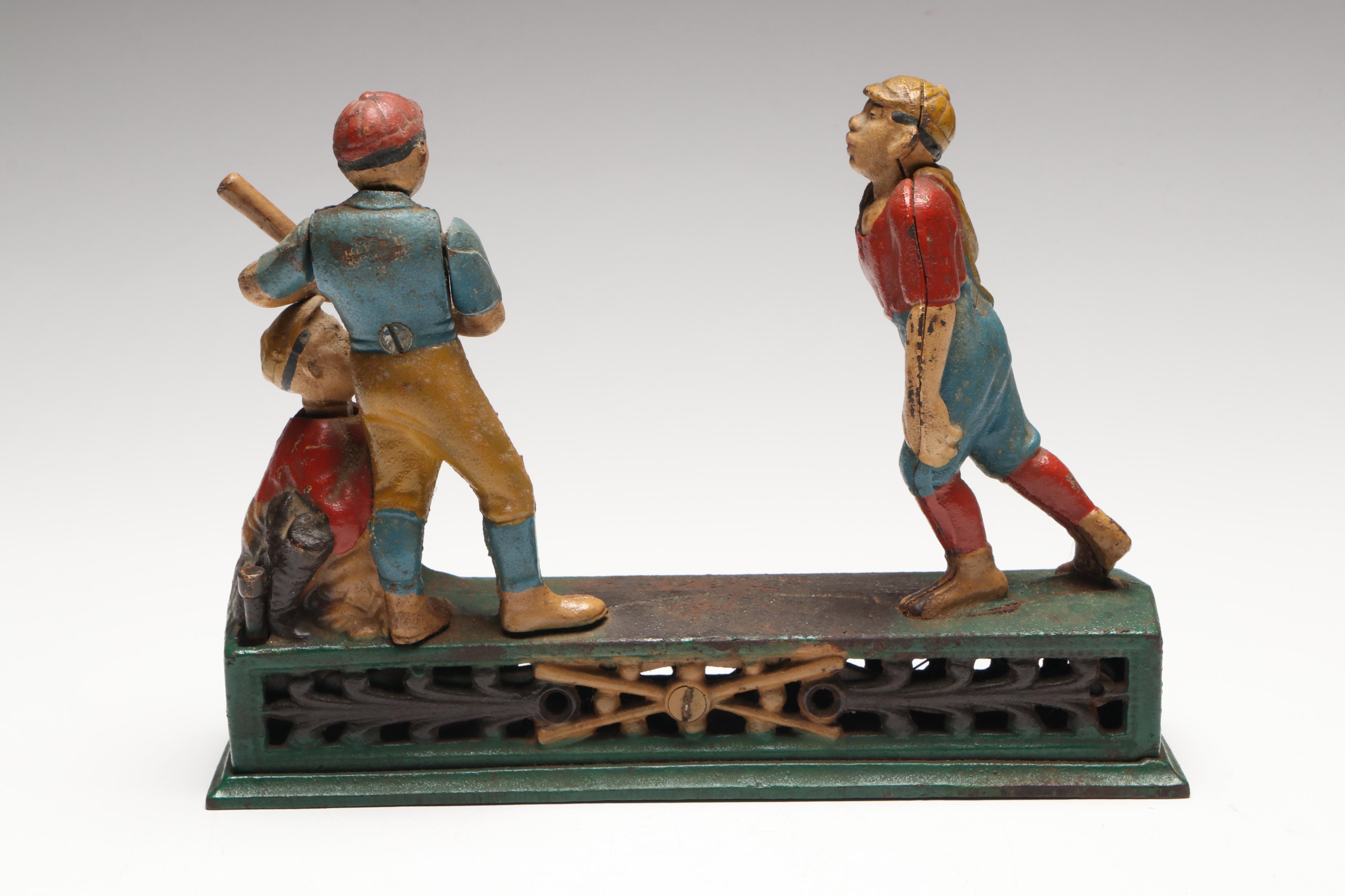 Reproduction "Hometown Battery" Cast Iron Baseball Mechanical Bank