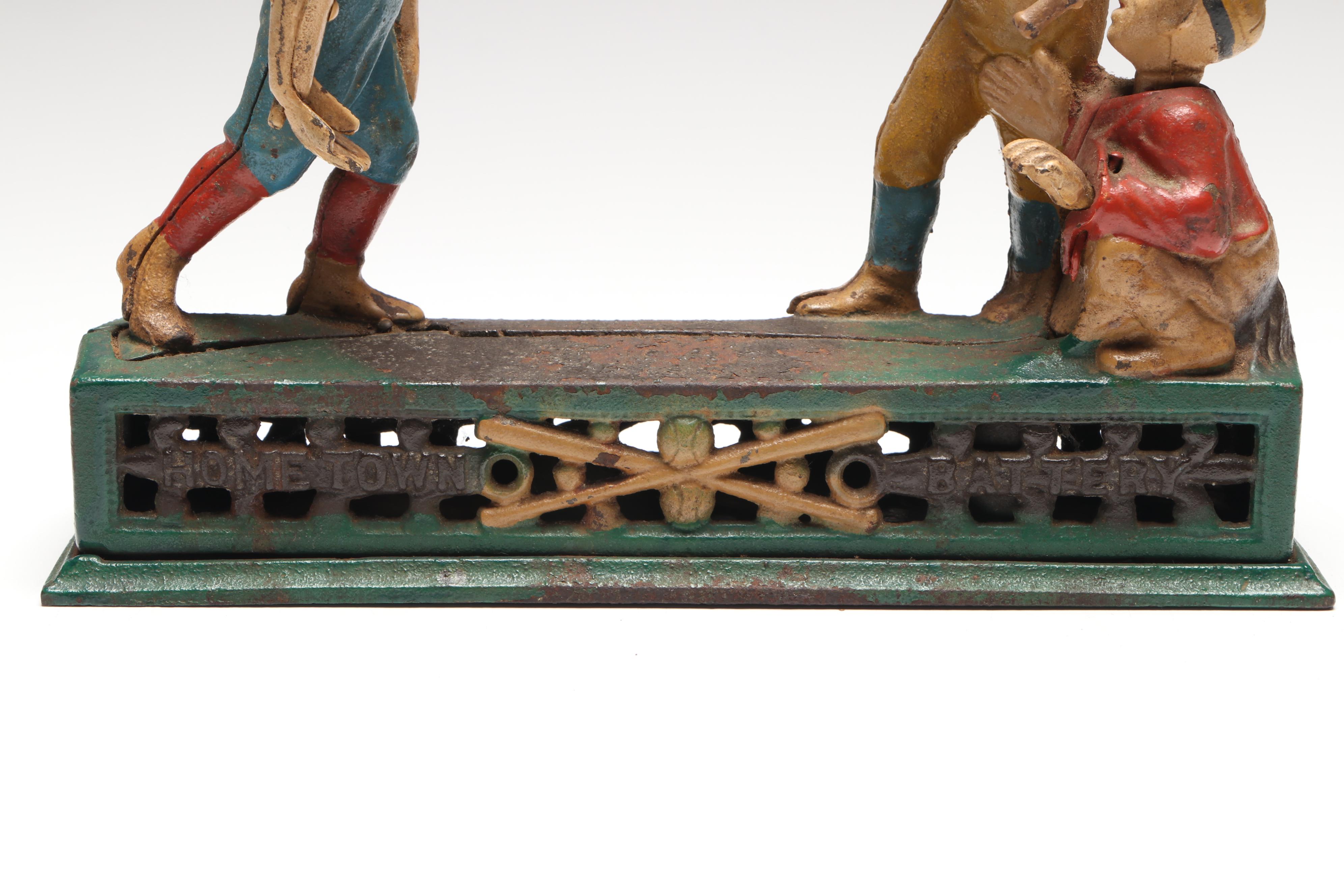 Reproduction "Hometown Battery" Cast Iron Baseball Mechanical Bank