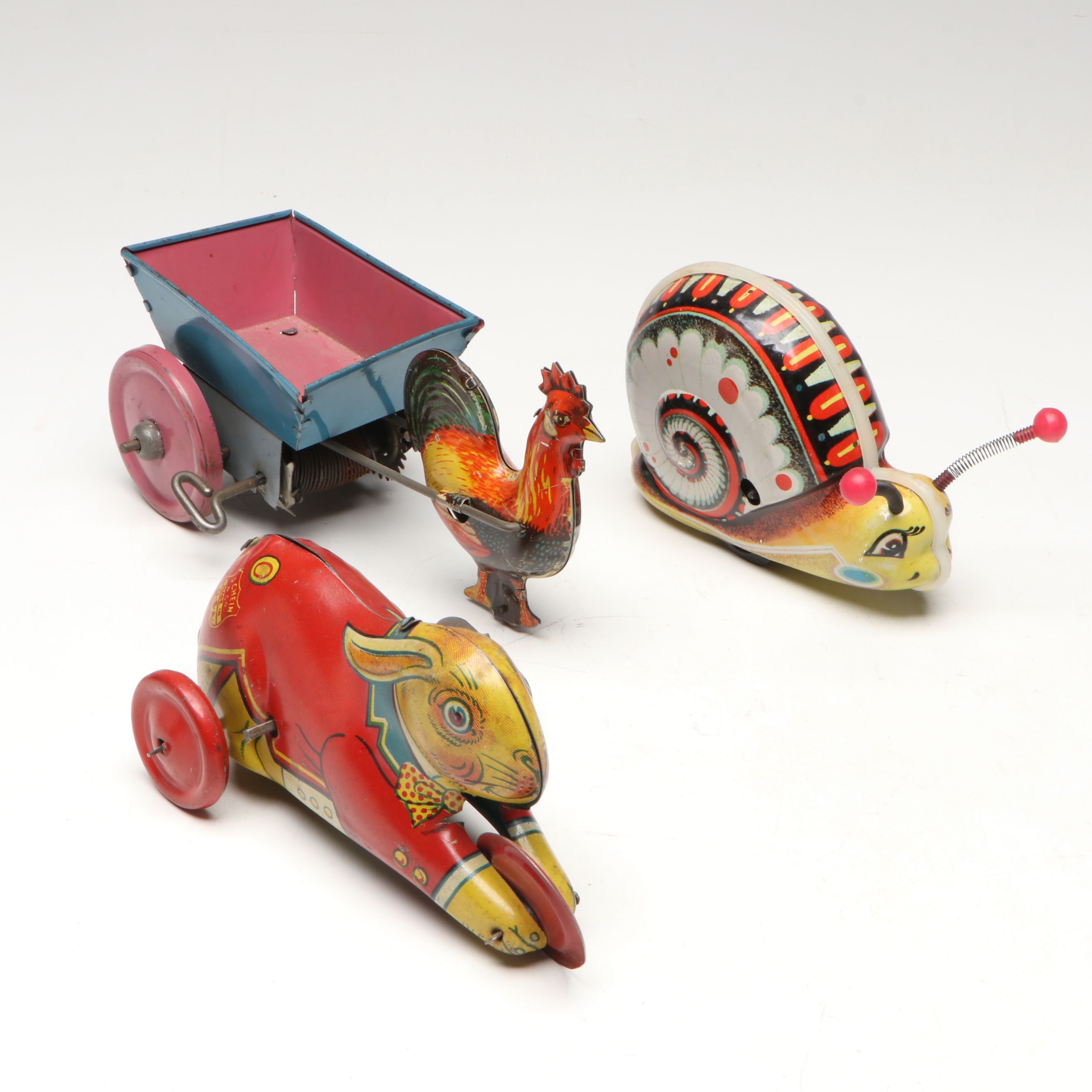 J. Chein & Co. Rabbit with Other Vintage Tin Litho Wind-Up Toys, Mid-20th C.