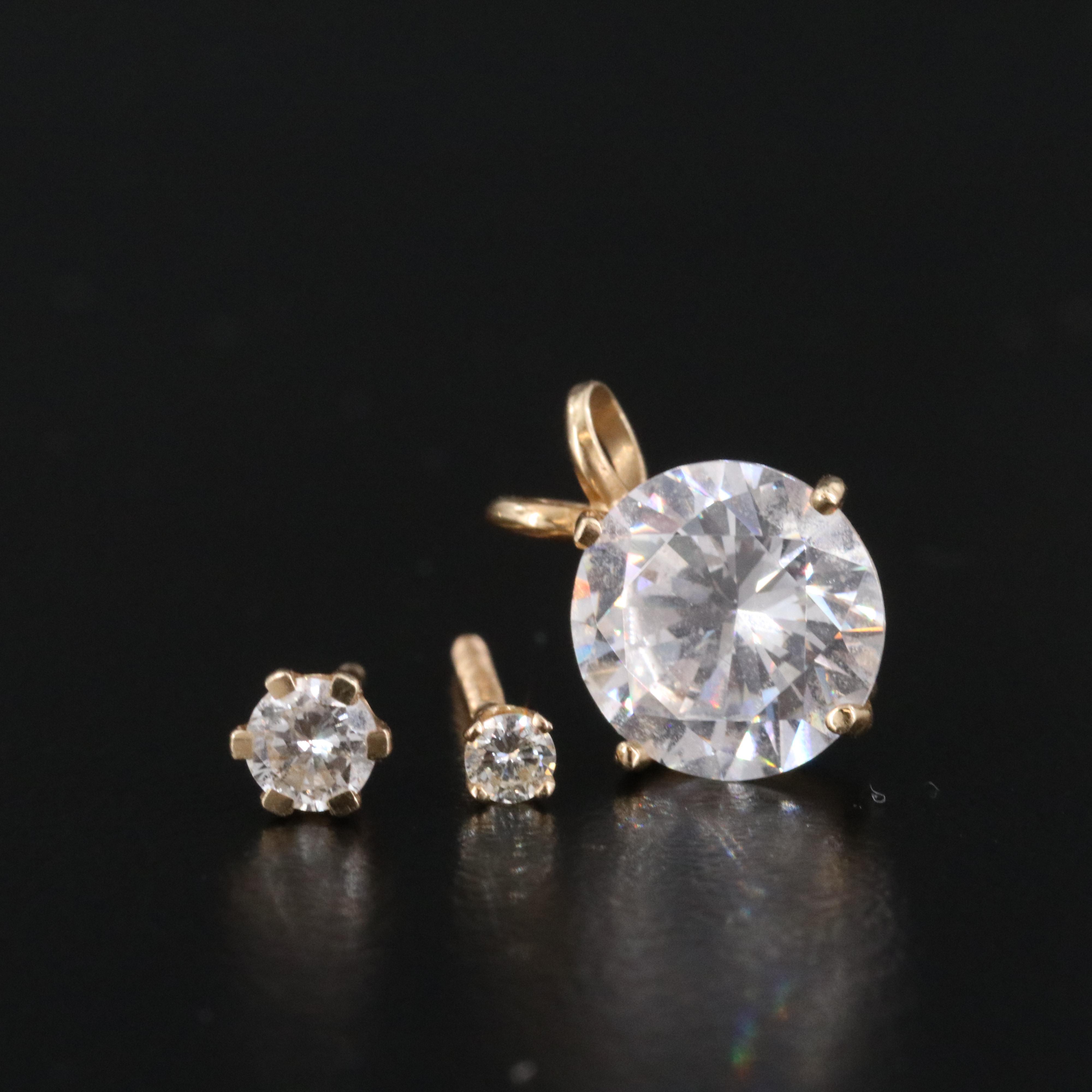 14K CZ Solitaire Pendant and Single Diamond Stud Earrings