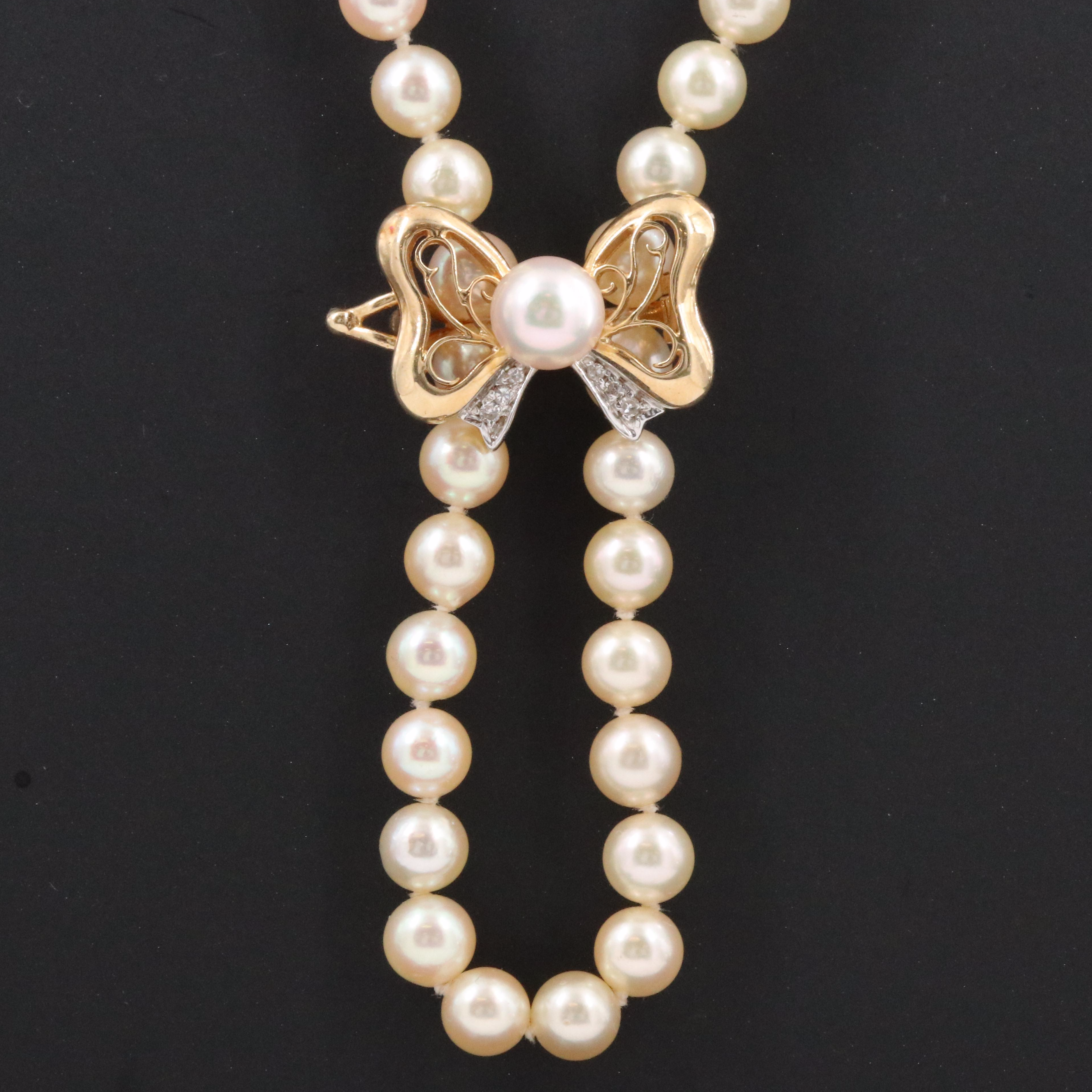 Pearl Necklace with 14K Pearl and Diamond Bow Shortener and Clasp