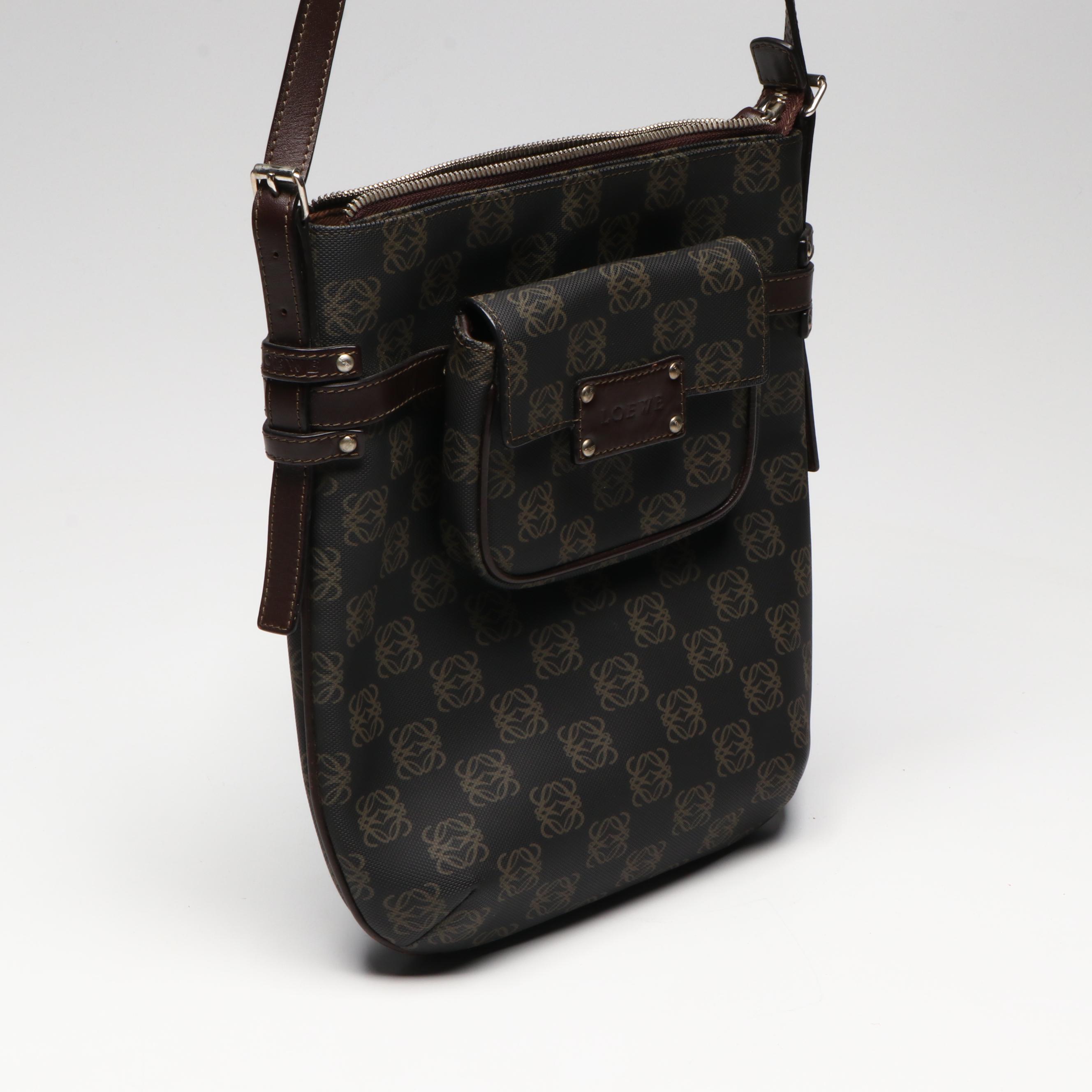 Loewe Anagram Messenger Bag with Detachable Pouch and Brown Leather Trim