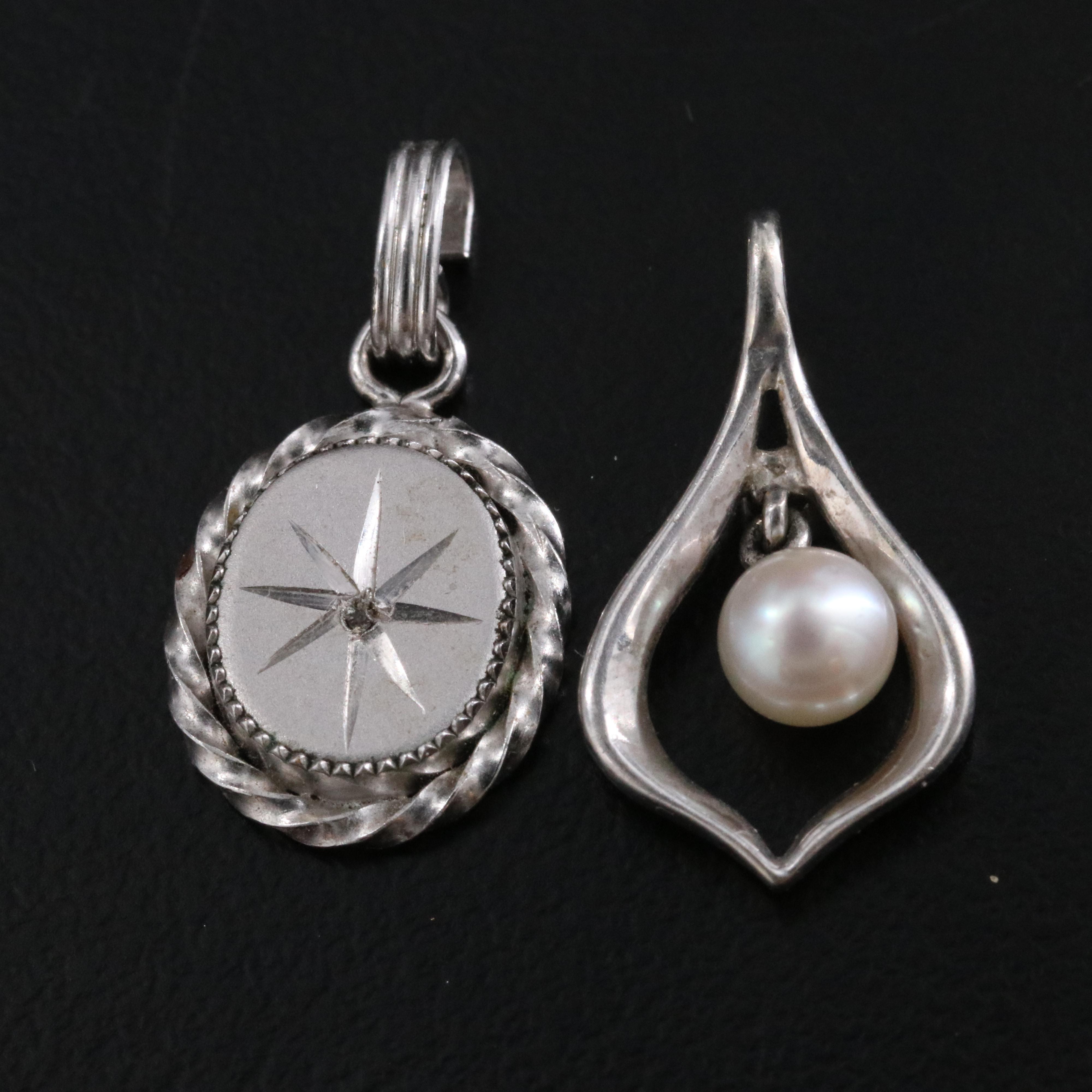 Vintage 14K Pearl and Diamond with Oval Diamond Accented Pendant