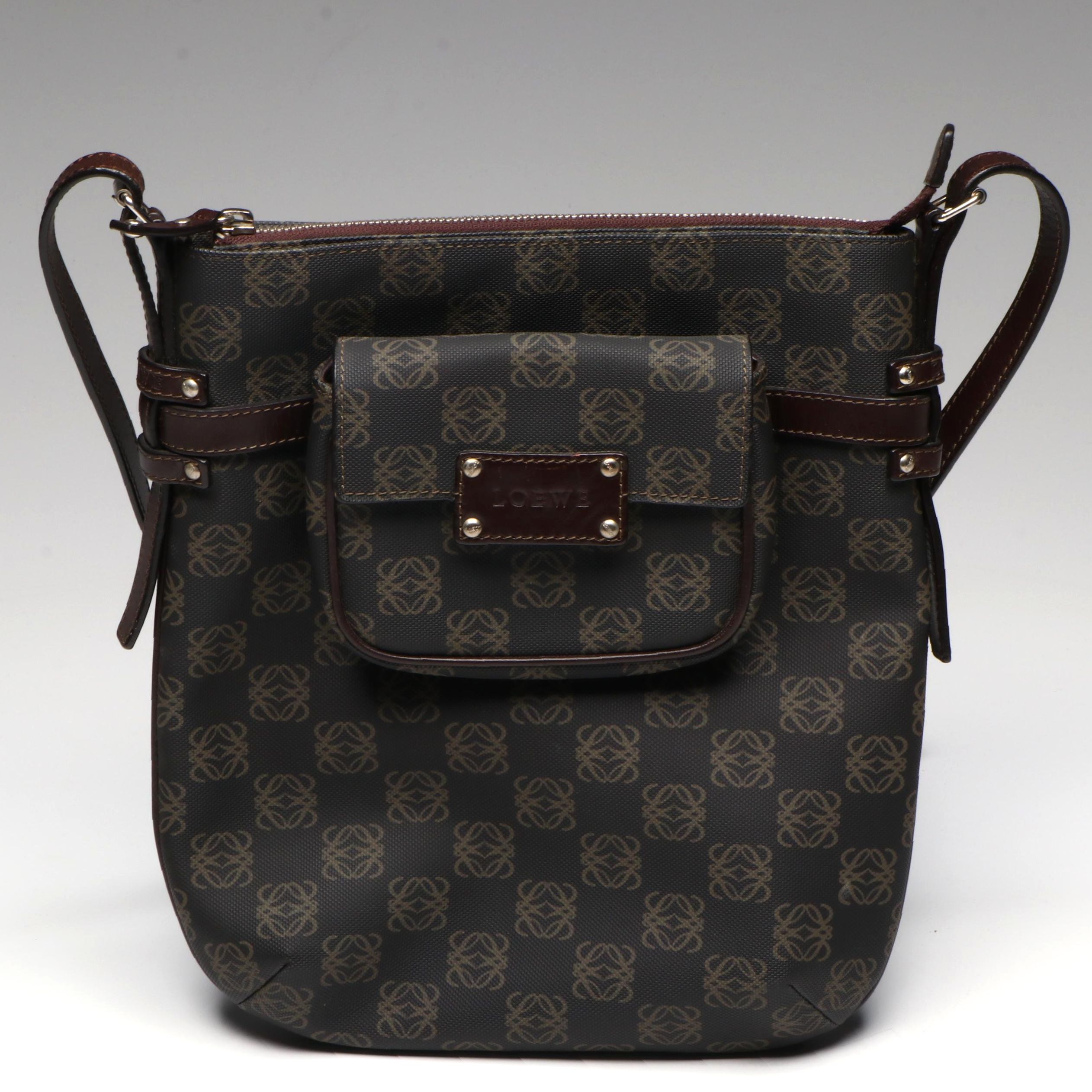 Loewe Anagram Messenger Bag with Detachable Pouch and Brown Leather Trim