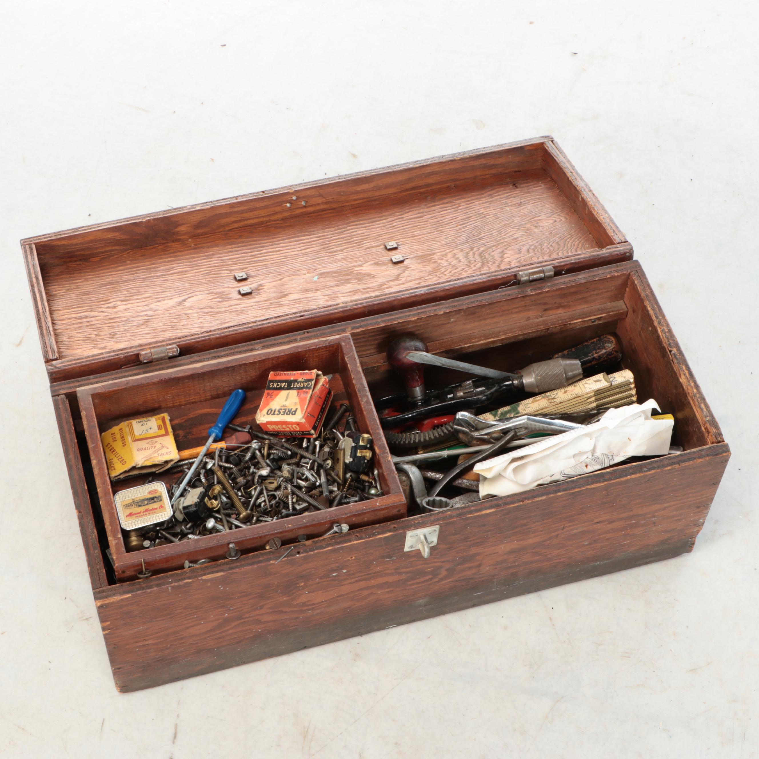 Oak Tool Chest with Assorted Vintage Hand Tools