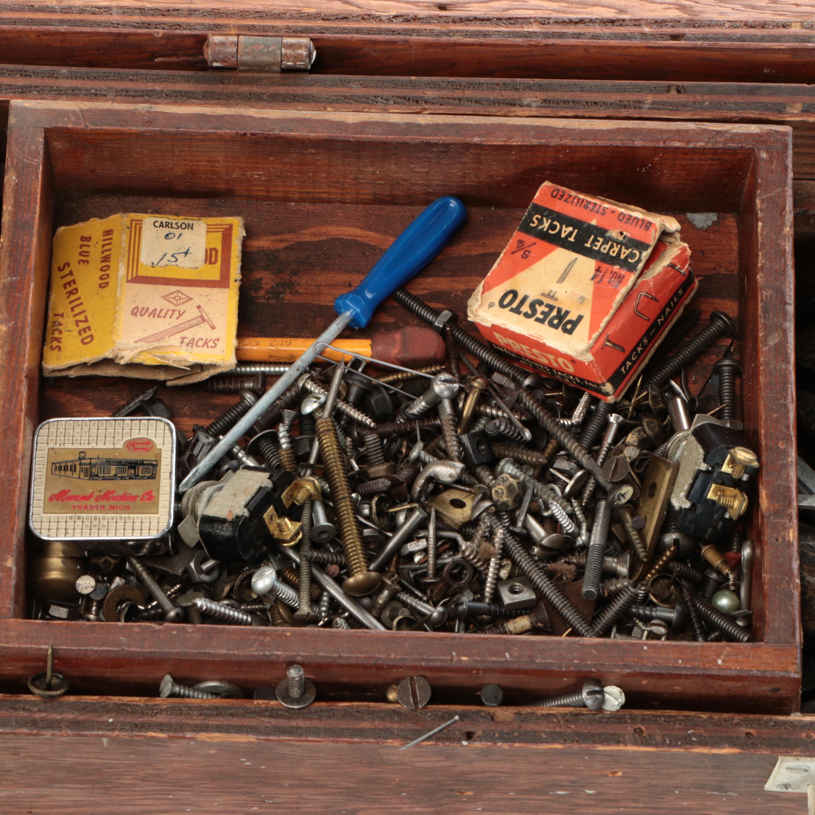 Oak Tool Chest with Assorted Vintage Hand Tools