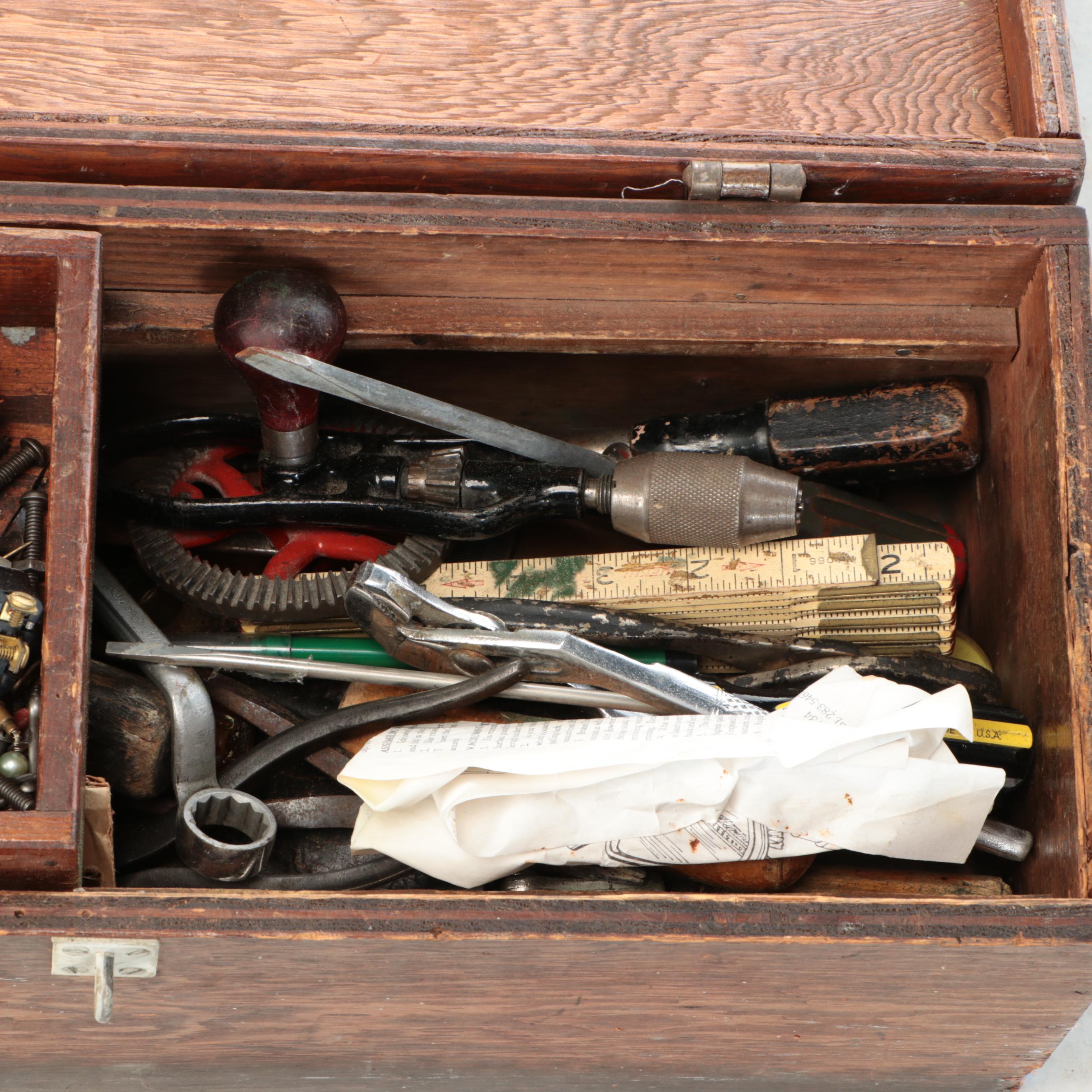 Oak Tool Chest with Assorted Vintage Hand Tools