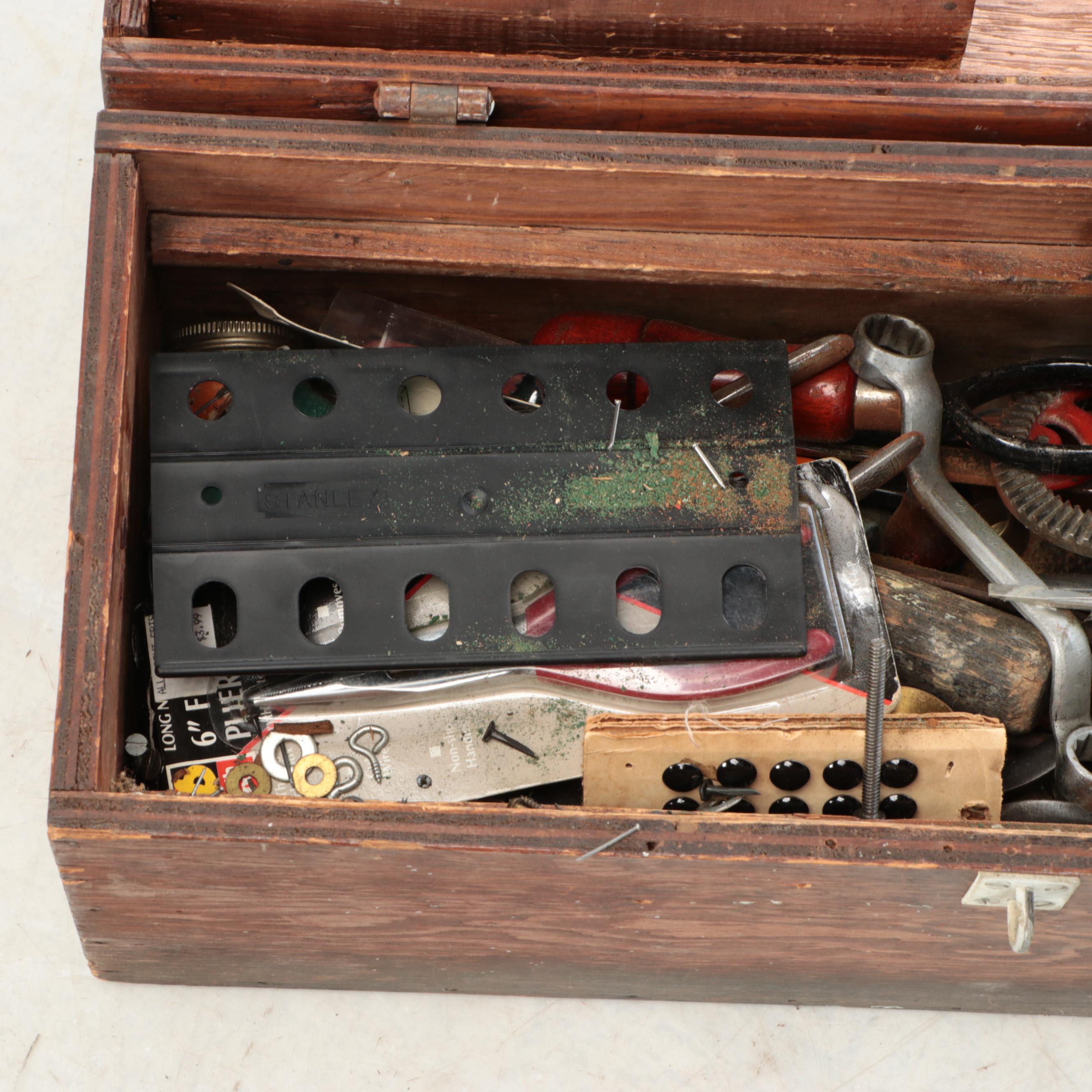 Oak Tool Chest with Assorted Vintage Hand Tools