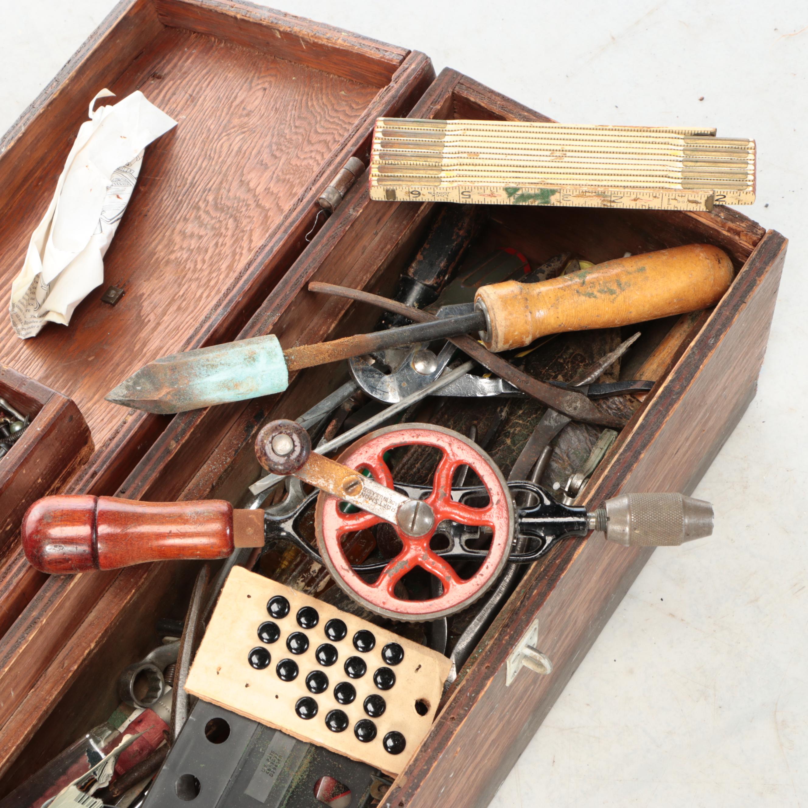 Oak Tool Chest with Assorted Vintage Hand Tools
