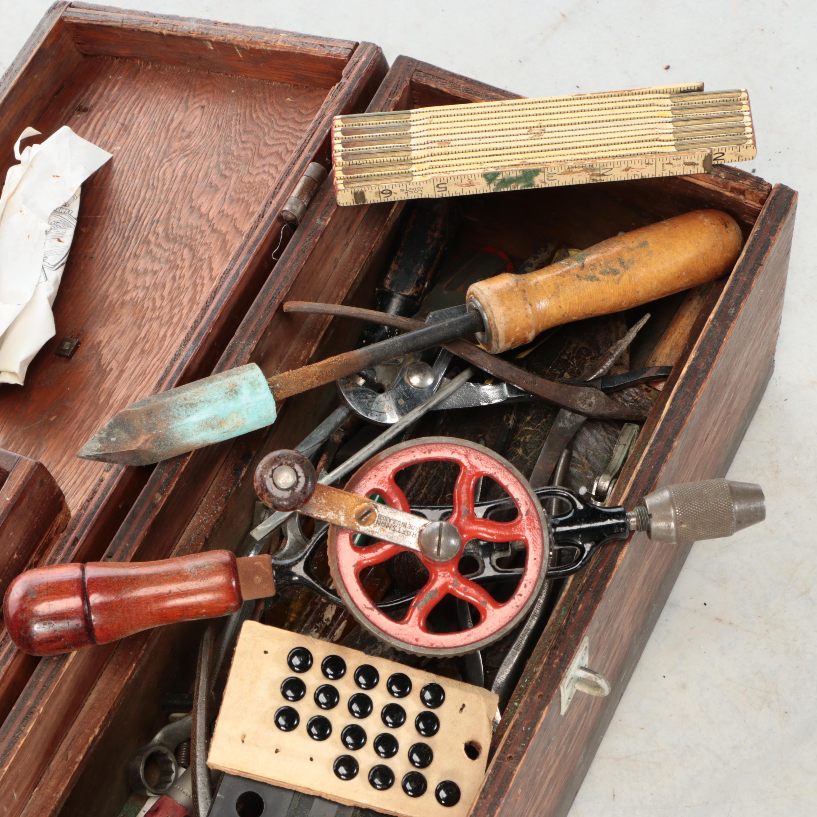 Oak Tool Chest with Assorted Vintage Hand Tools