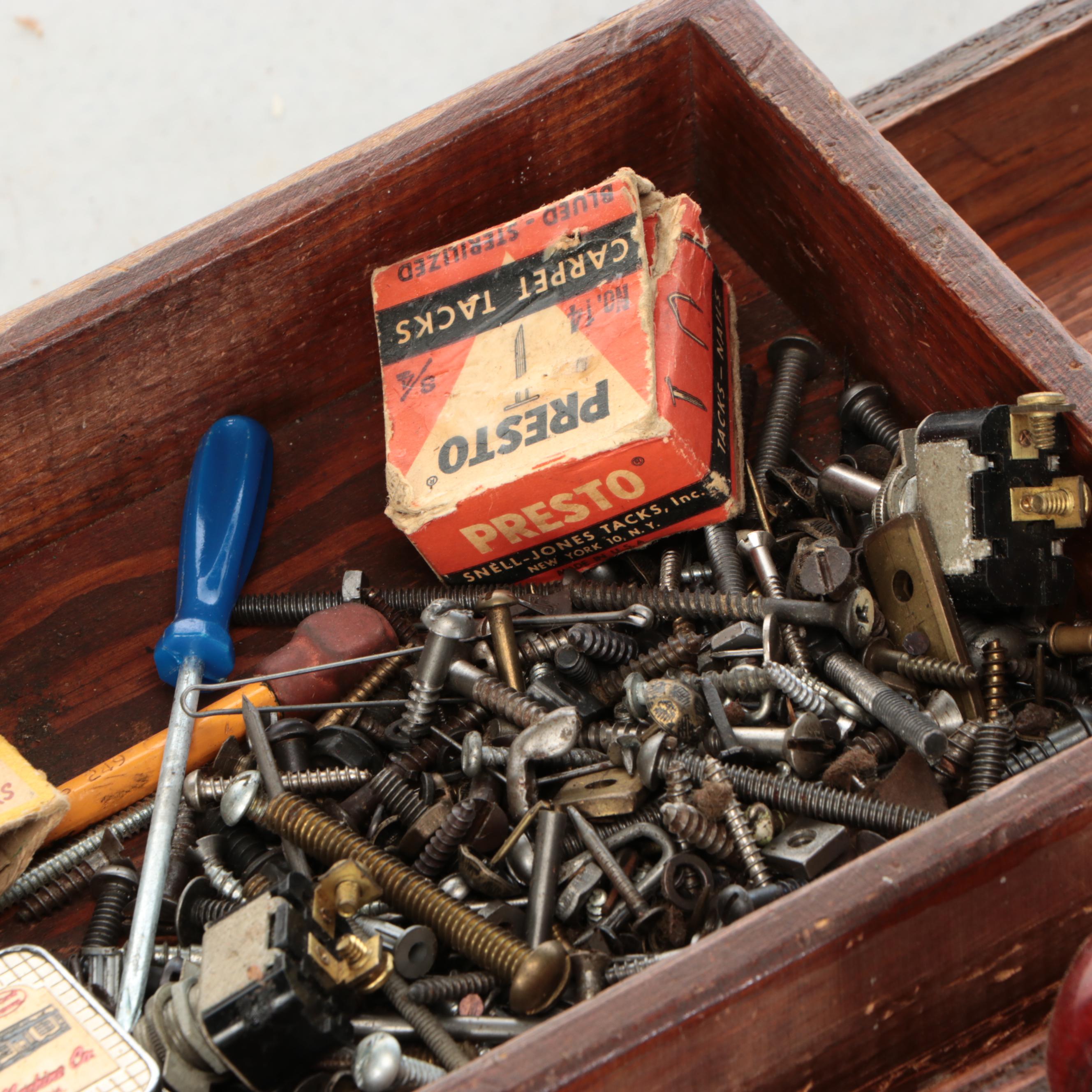 Oak Tool Chest with Assorted Vintage Hand Tools