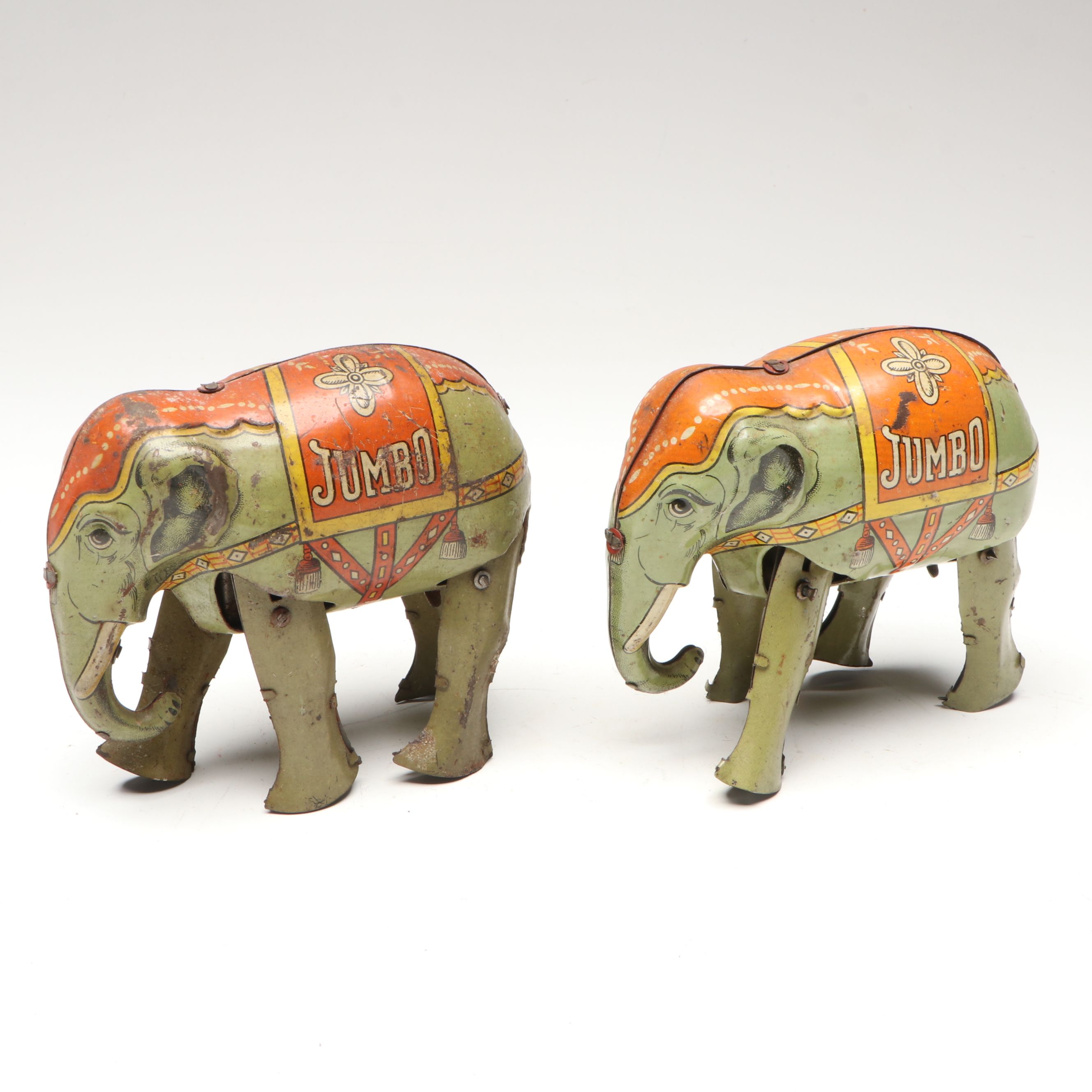 Pair of German Tin Litho Elephant Wind-Up Toys, 1950s