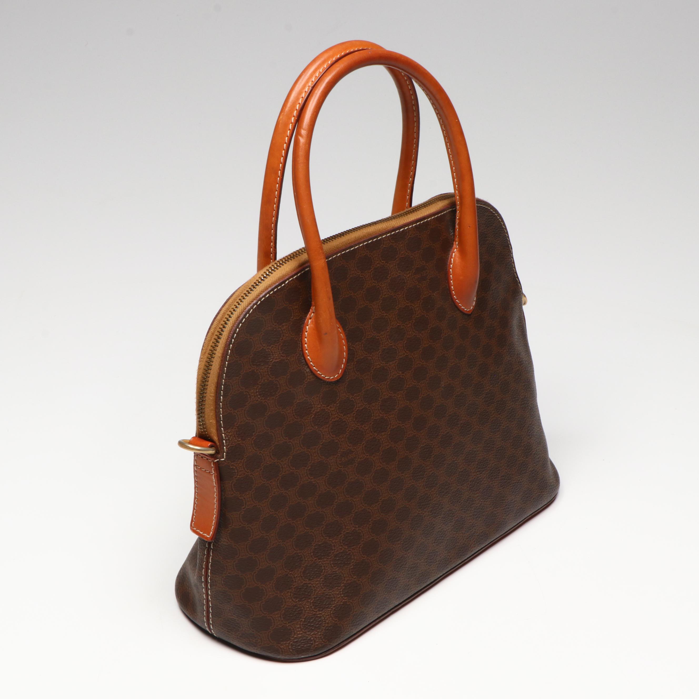 Celine Dome Handbag in Brown Macadam Canvas and Leather