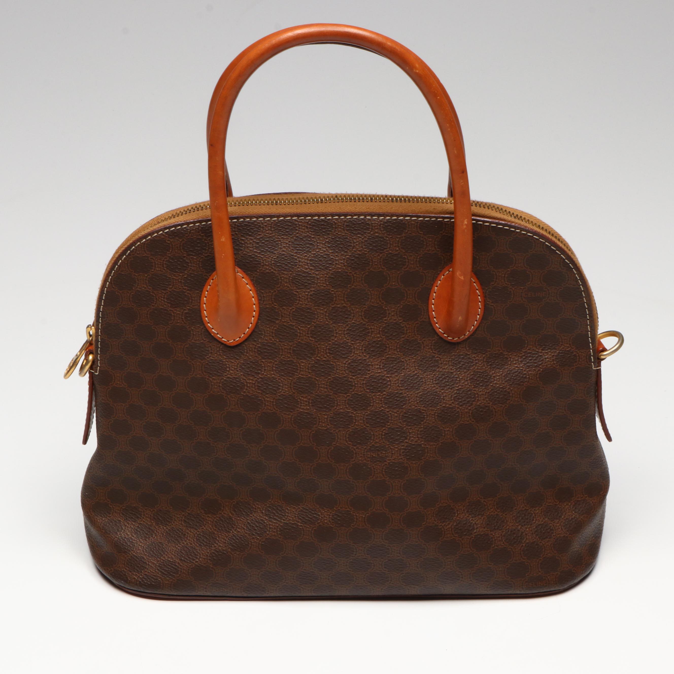 Celine Dome Handbag in Brown Macadam Canvas and Leather
