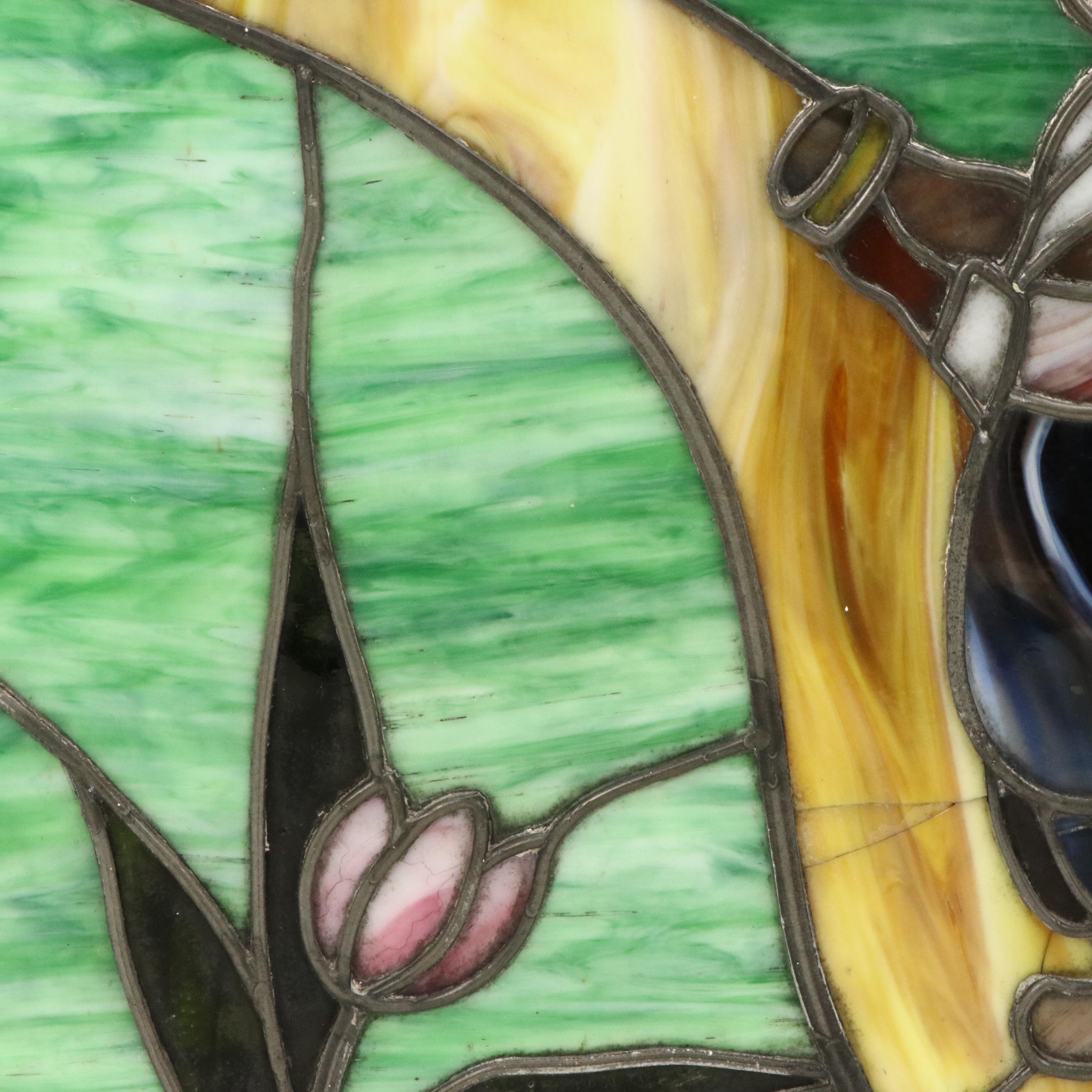 Country Road Pictorial Leaded Stained Glass Panel, 20th Century