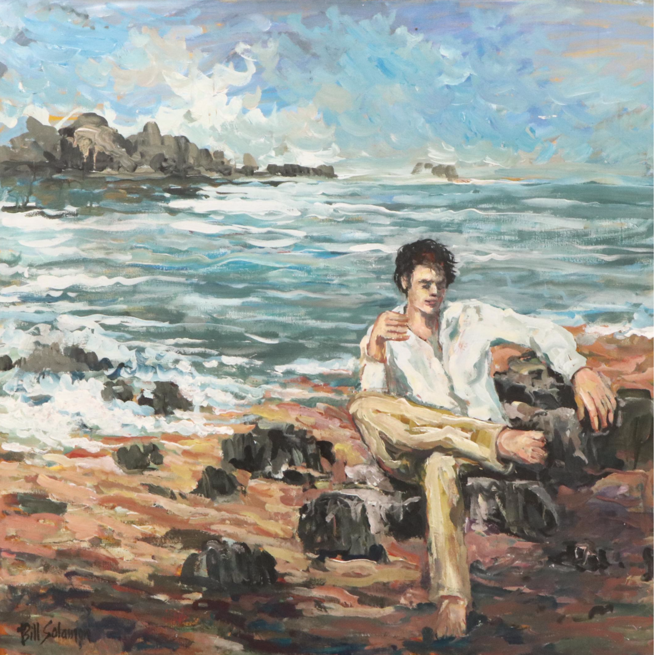 Bill Salamon Acrylic Painting of Coastal Scene With Seated Man, Mid-20th Century