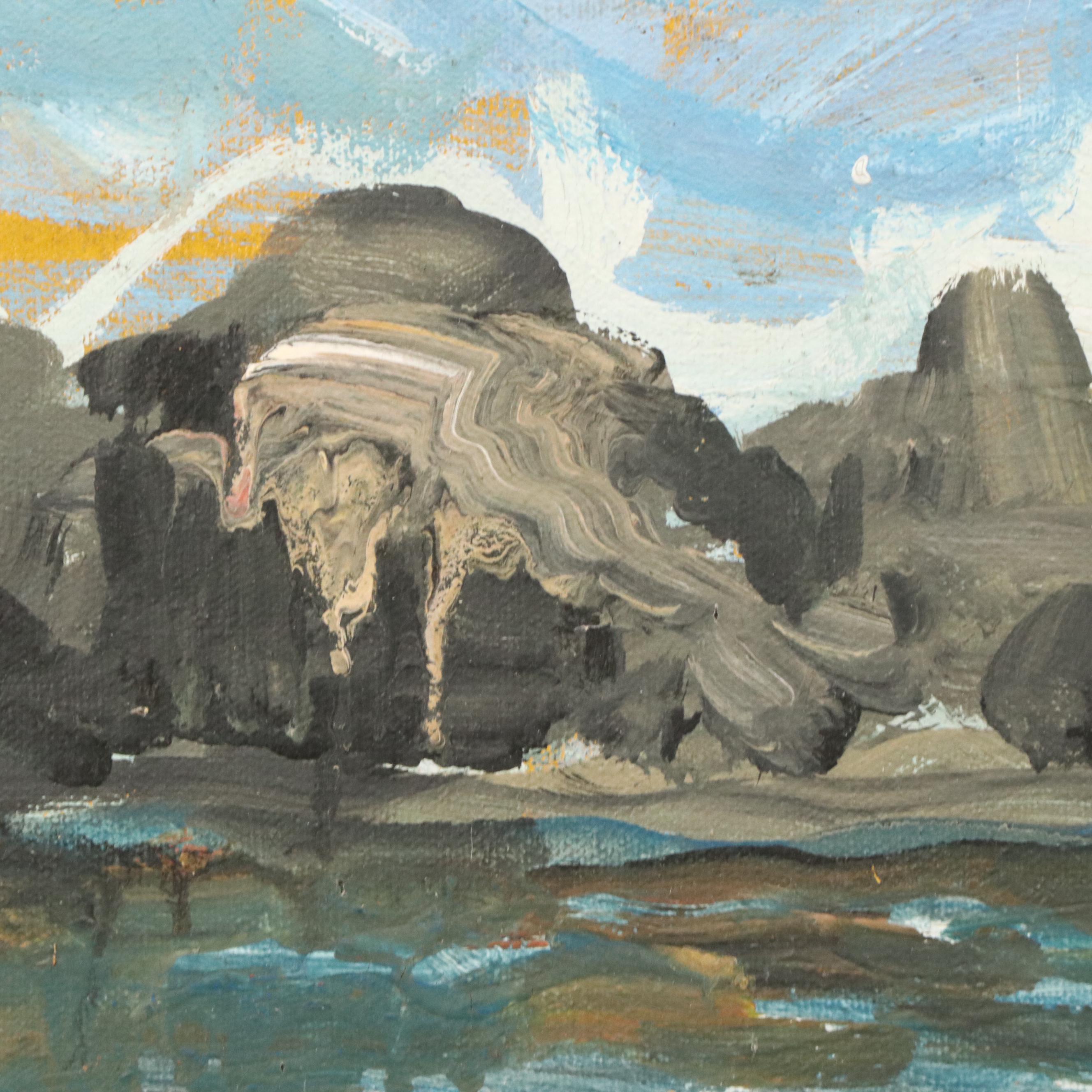 Bill Salamon Acrylic Painting of Coastal Scene With Seated Man, Mid-20th Century