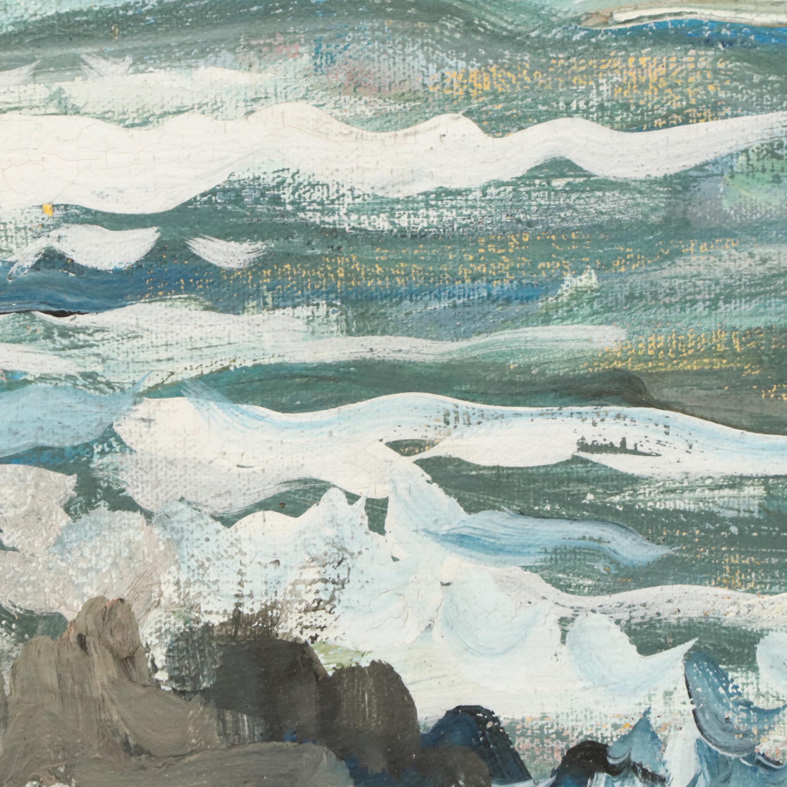 Bill Salamon Acrylic Painting of Coastal Scene With Seated Man, Mid-20th Century