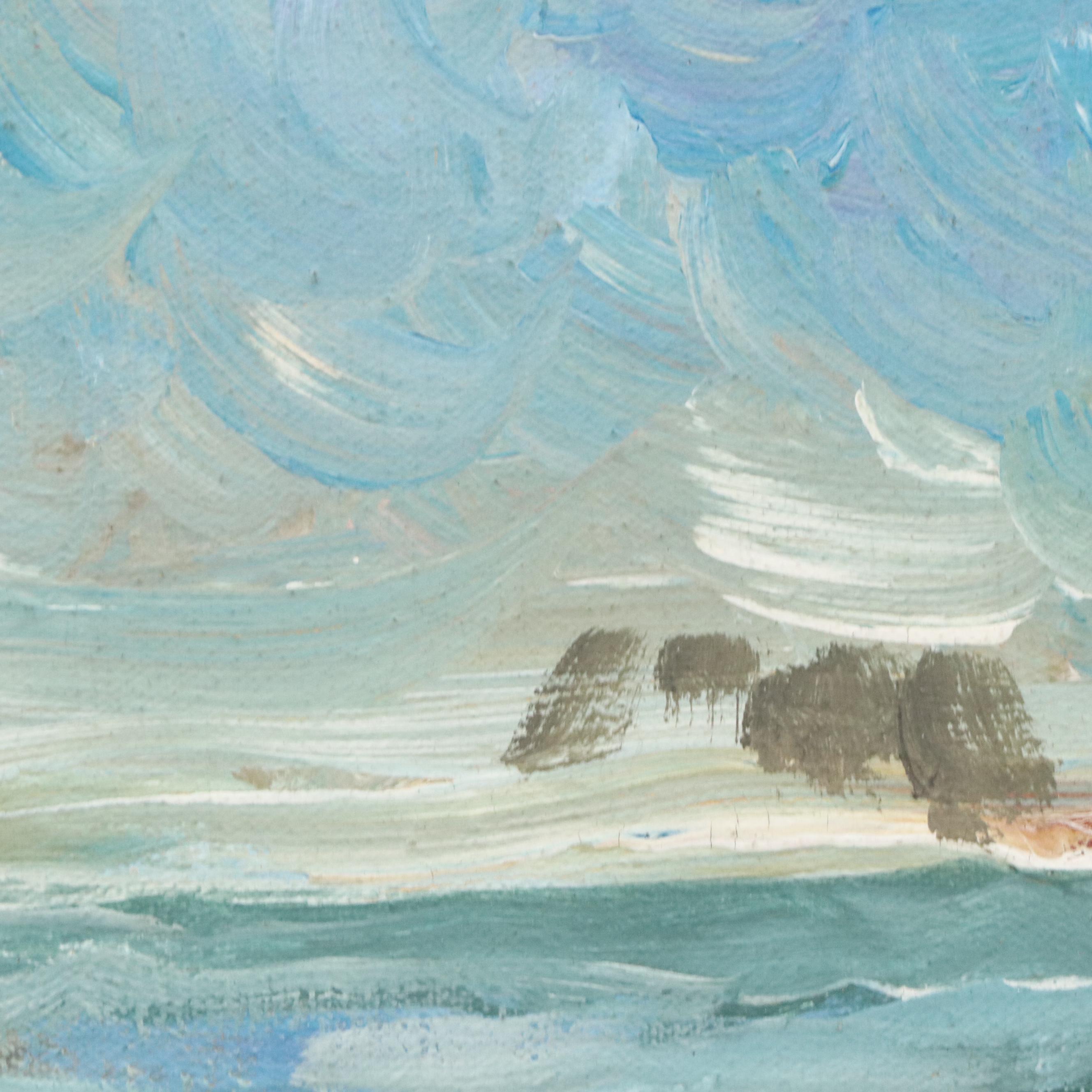 Bill Salamon Acrylic Painting of Coastal Scene With Seated Man, Mid-20th Century