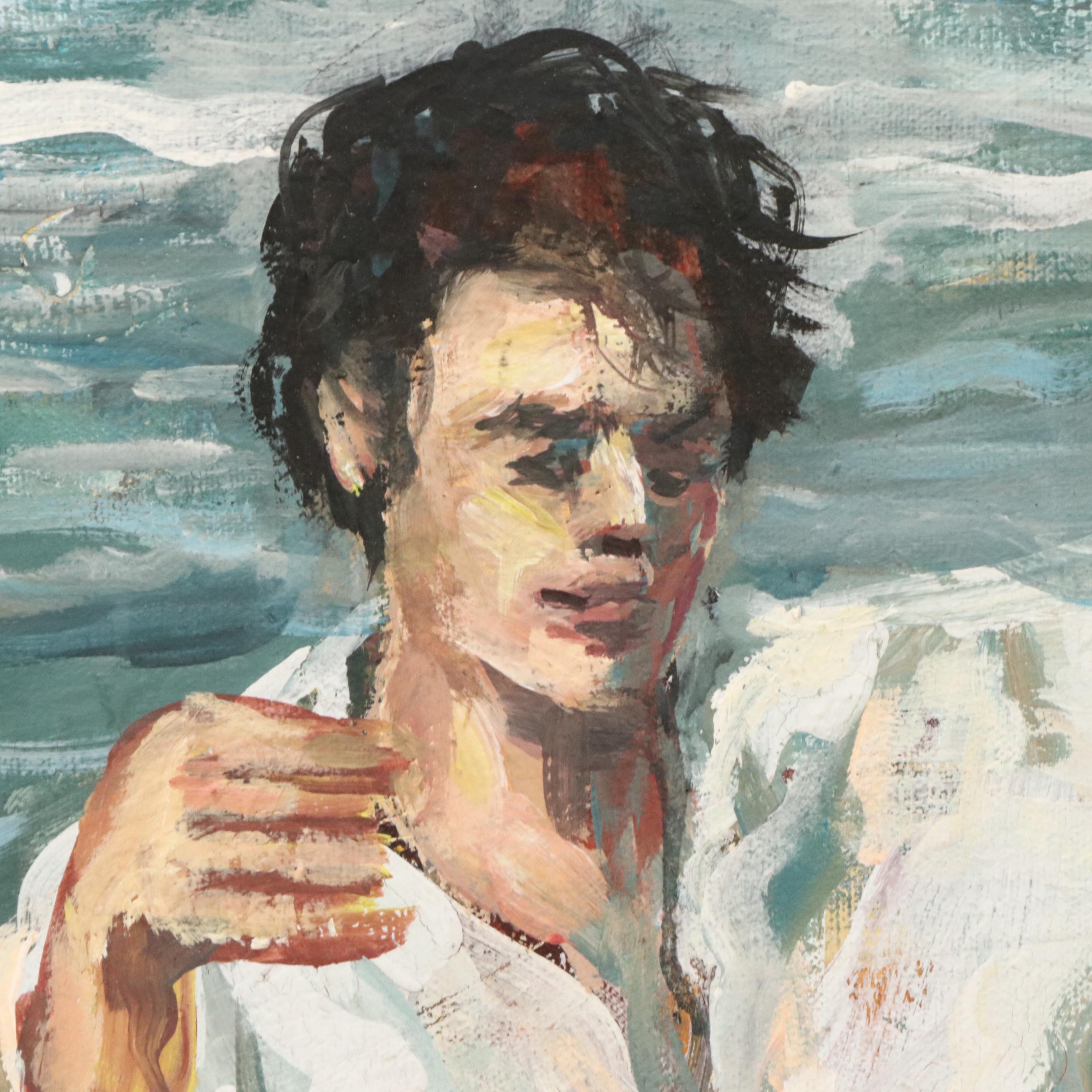 Bill Salamon Acrylic Painting of Coastal Scene With Seated Man, Mid-20th Century