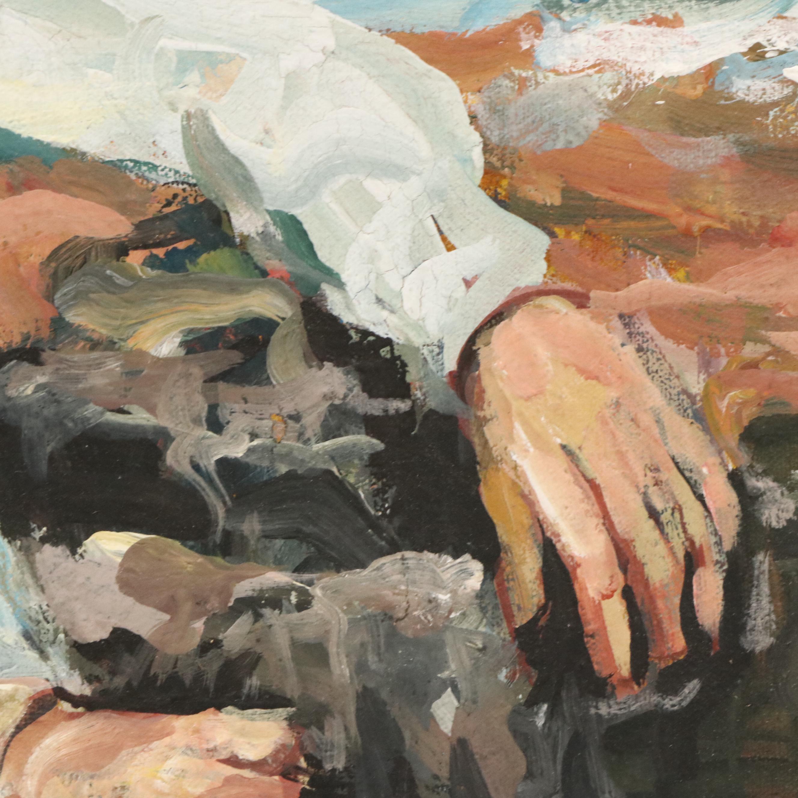 Bill Salamon Acrylic Painting of Coastal Scene With Seated Man, Mid-20th Century