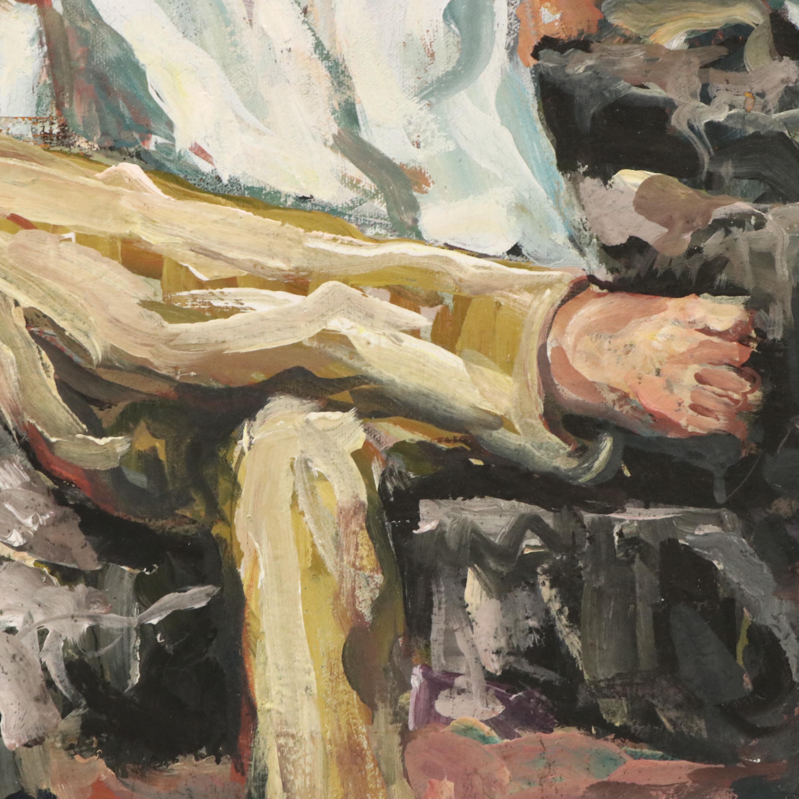 Bill Salamon Acrylic Painting of Coastal Scene With Seated Man, Mid-20th Century