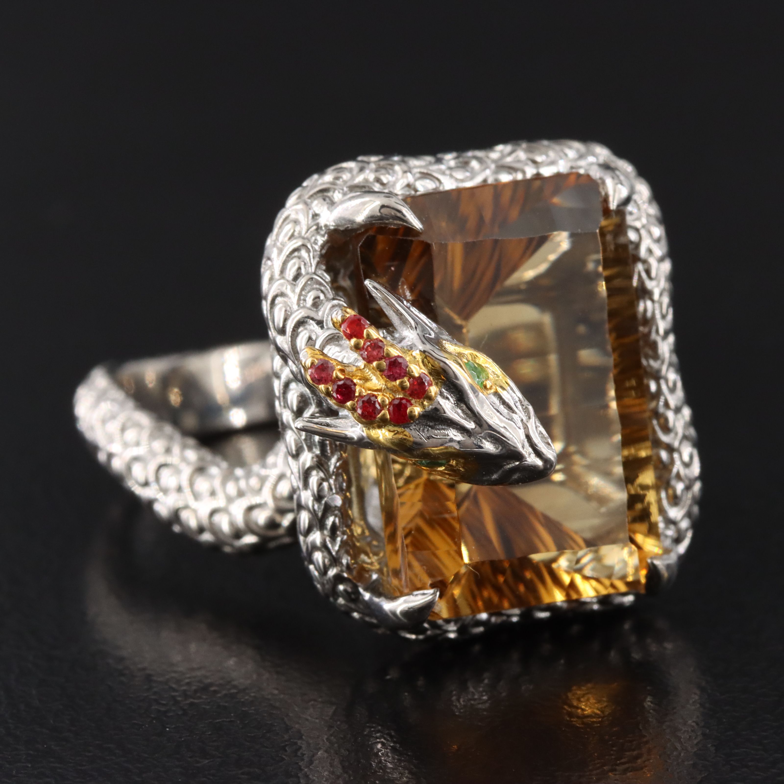 Sterling Citrine, Tsavorite and Sapphire Dragon Ring