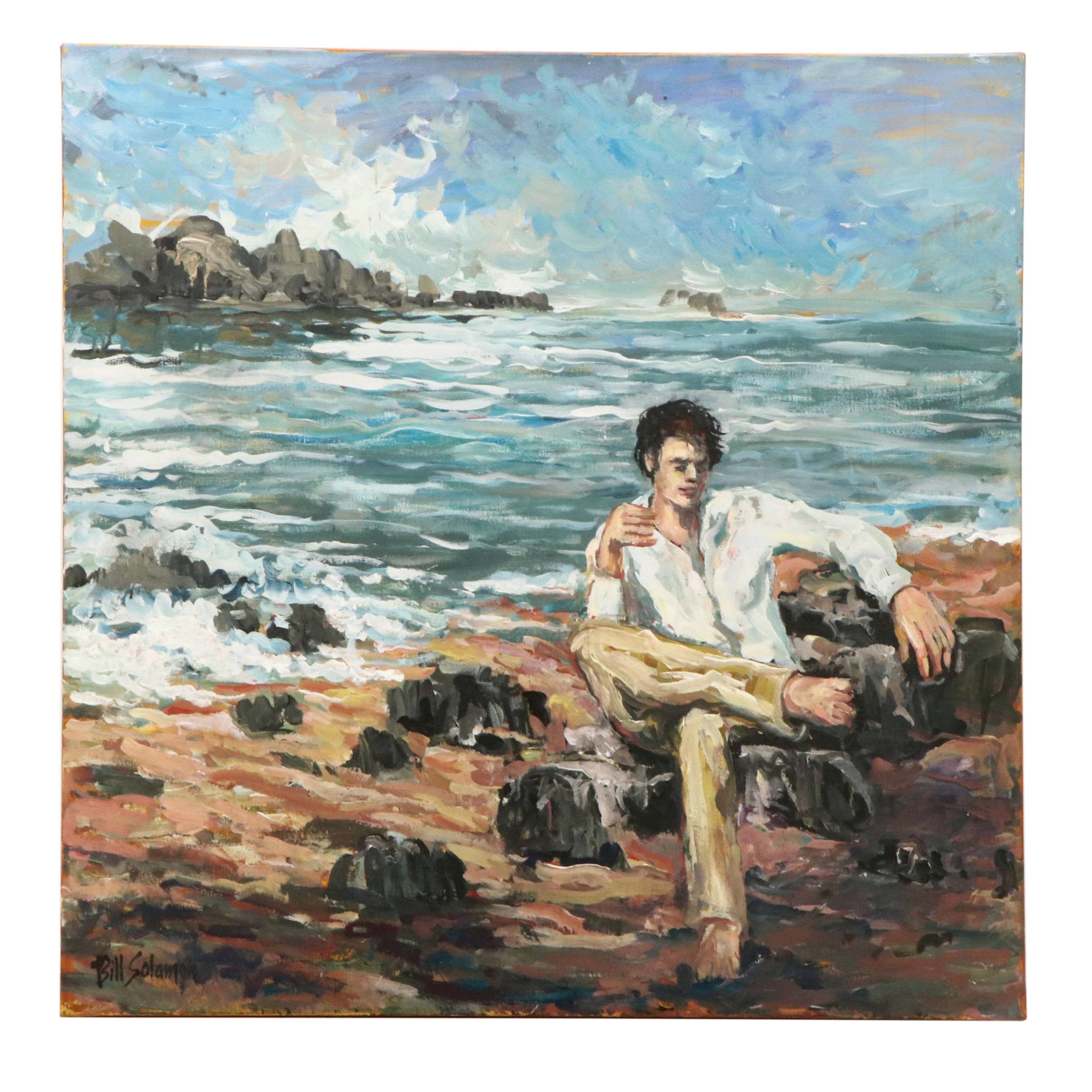 Bill Salamon Acrylic Painting of Coastal Scene With Seated Man, Mid-20th Century