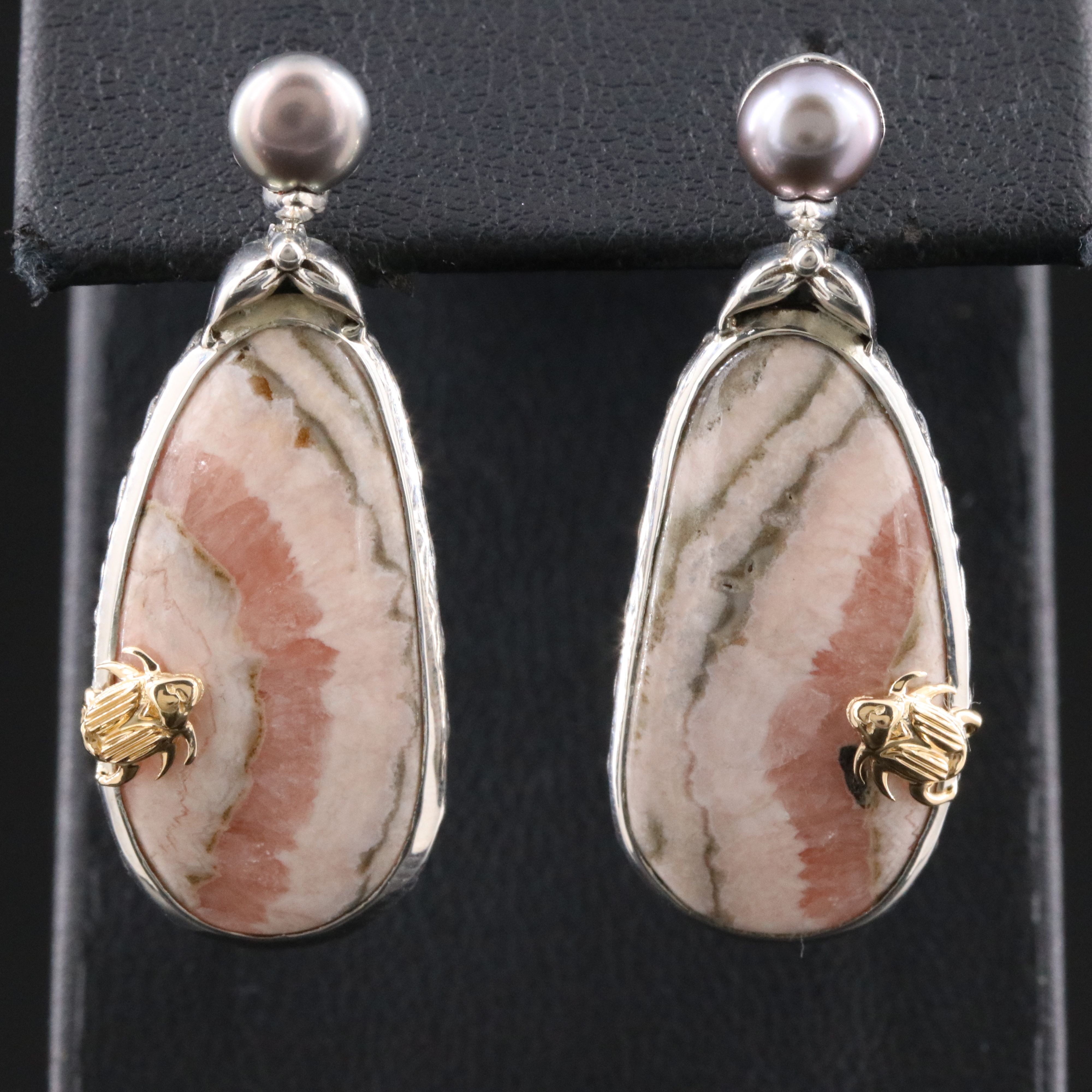 Stephen Dweck Sterling Rhodochrosite and Pearl Pendant Earrings