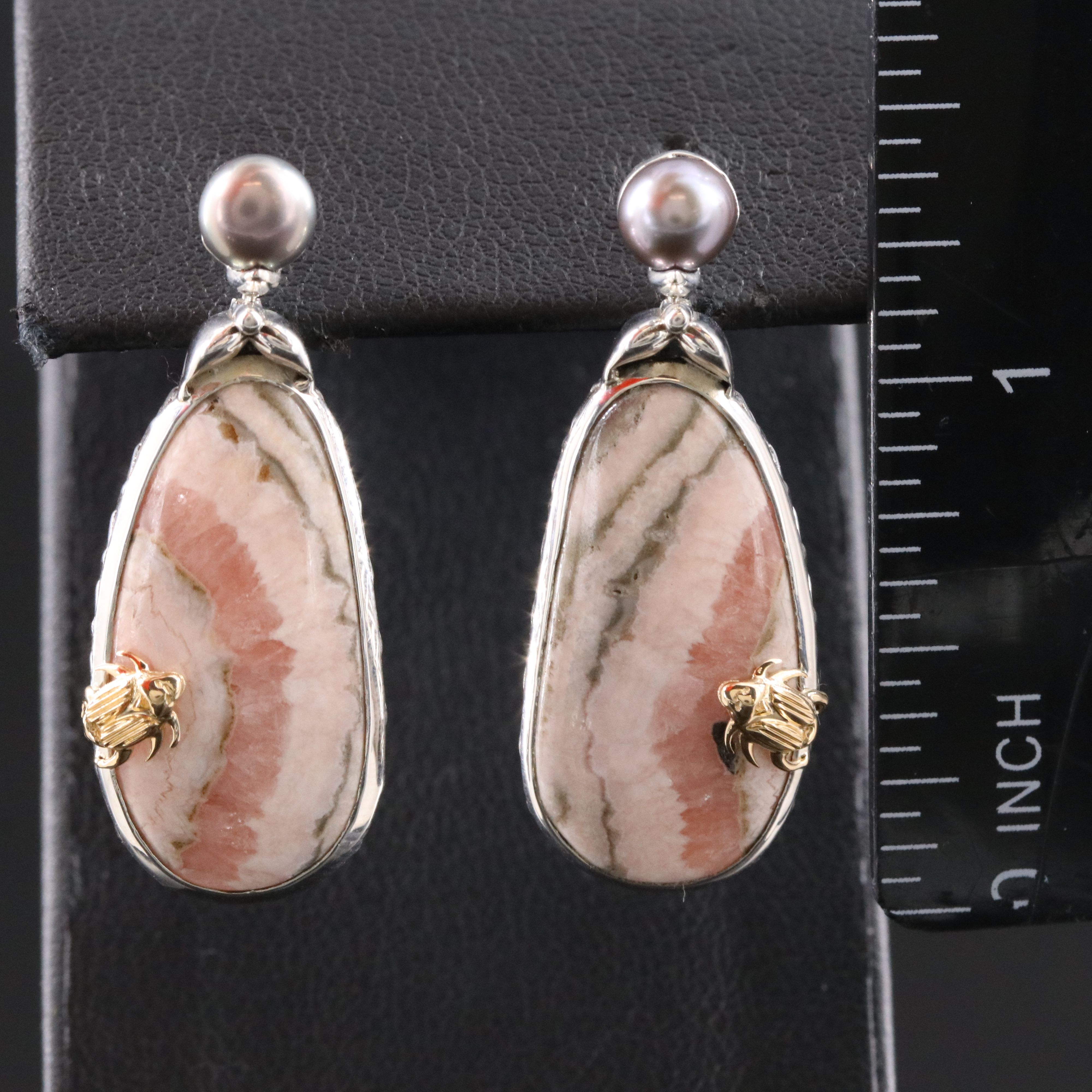 Stephen Dweck Sterling Rhodochrosite and Pearl Pendant Earrings