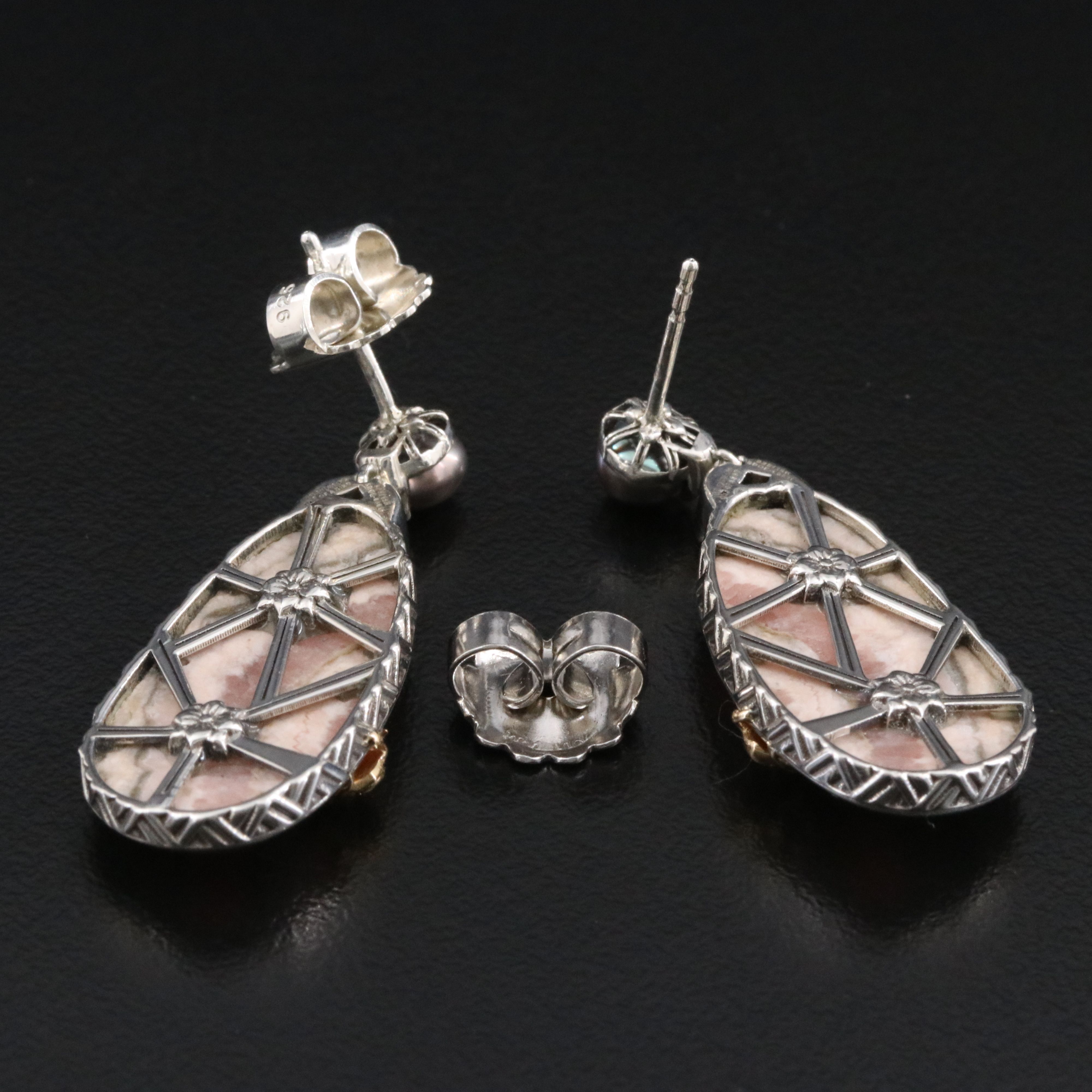 Stephen Dweck Sterling Rhodochrosite and Pearl Pendant Earrings