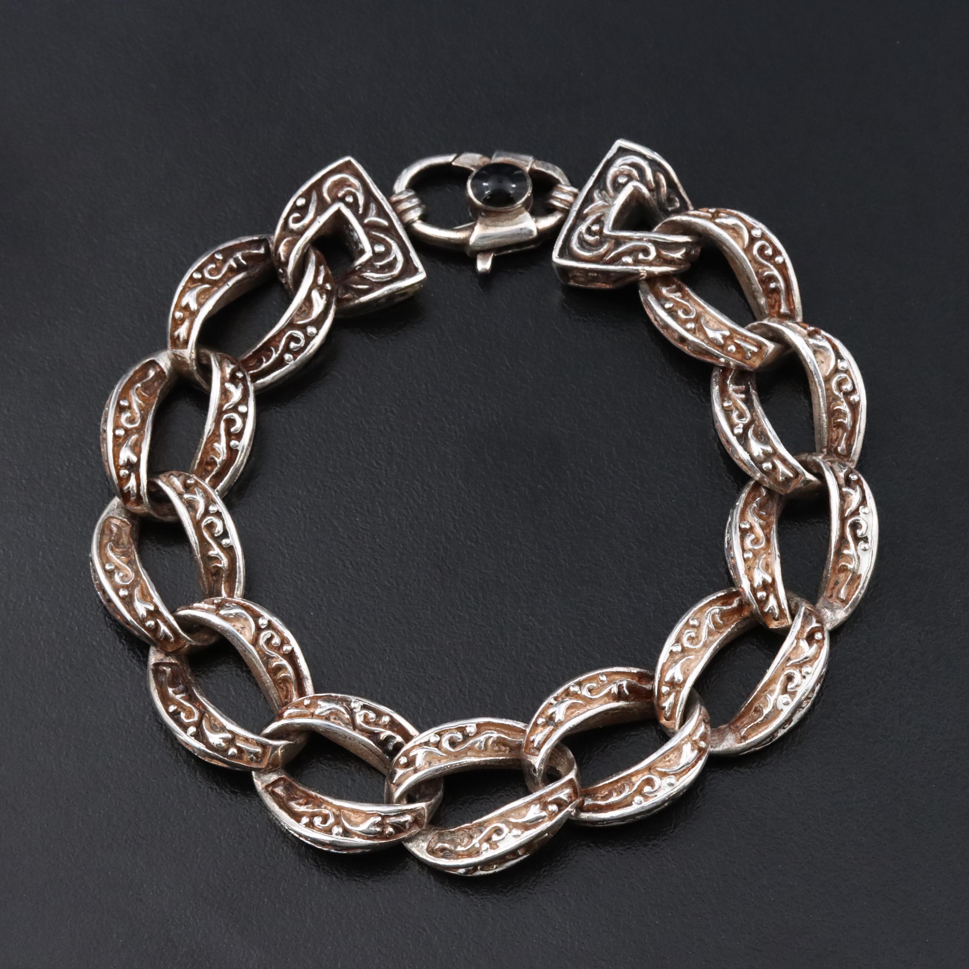 Sterling Patterned Curb Chain Bracelet with Obsidian Accent